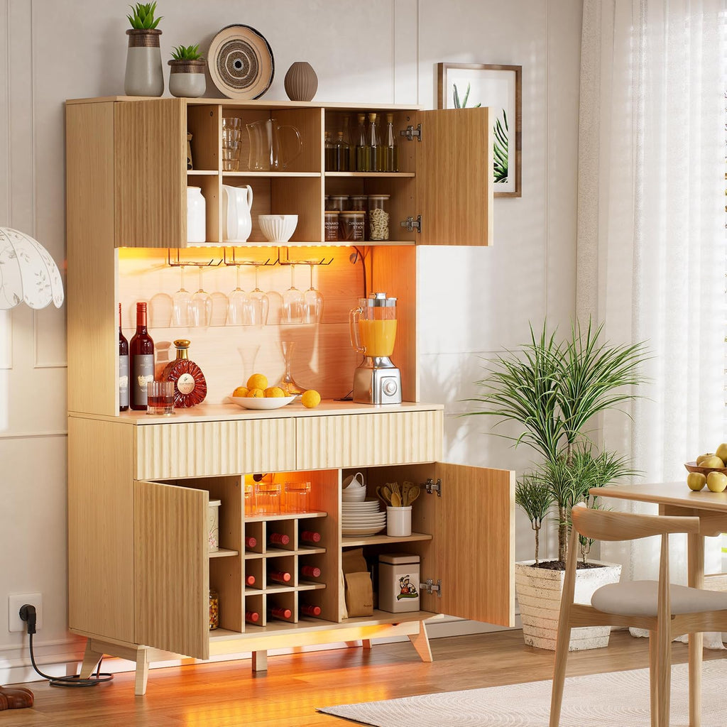 PAKASEPT 70" Fluted Kitchen Pantry Storage Cabinet with Charging Station and LED Light, Farmhouse Kitchen Hutch with Microwave Stand, Drawers and 9 Grid Wine Rack for Home, Dining Room, White