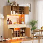 PAKASEPT 70" Fluted Kitchen Pantry Storage Cabinet with Charging Station and LED Light, Farmhouse Kitchen Hutch with Microwave Stand, Drawers and 9 Grid Wine Rack for Home, Dining Room, White
