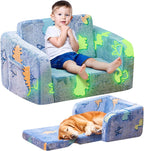 Lamerge 2-in-1 Soft Toddler Couch Fold Out,Foldable Toddler Chair, Glow in The Dark Kids Sofa for playroom,Convertible Foam and Floor Cushion for Boys and Girls (Blue and Dinosaur)