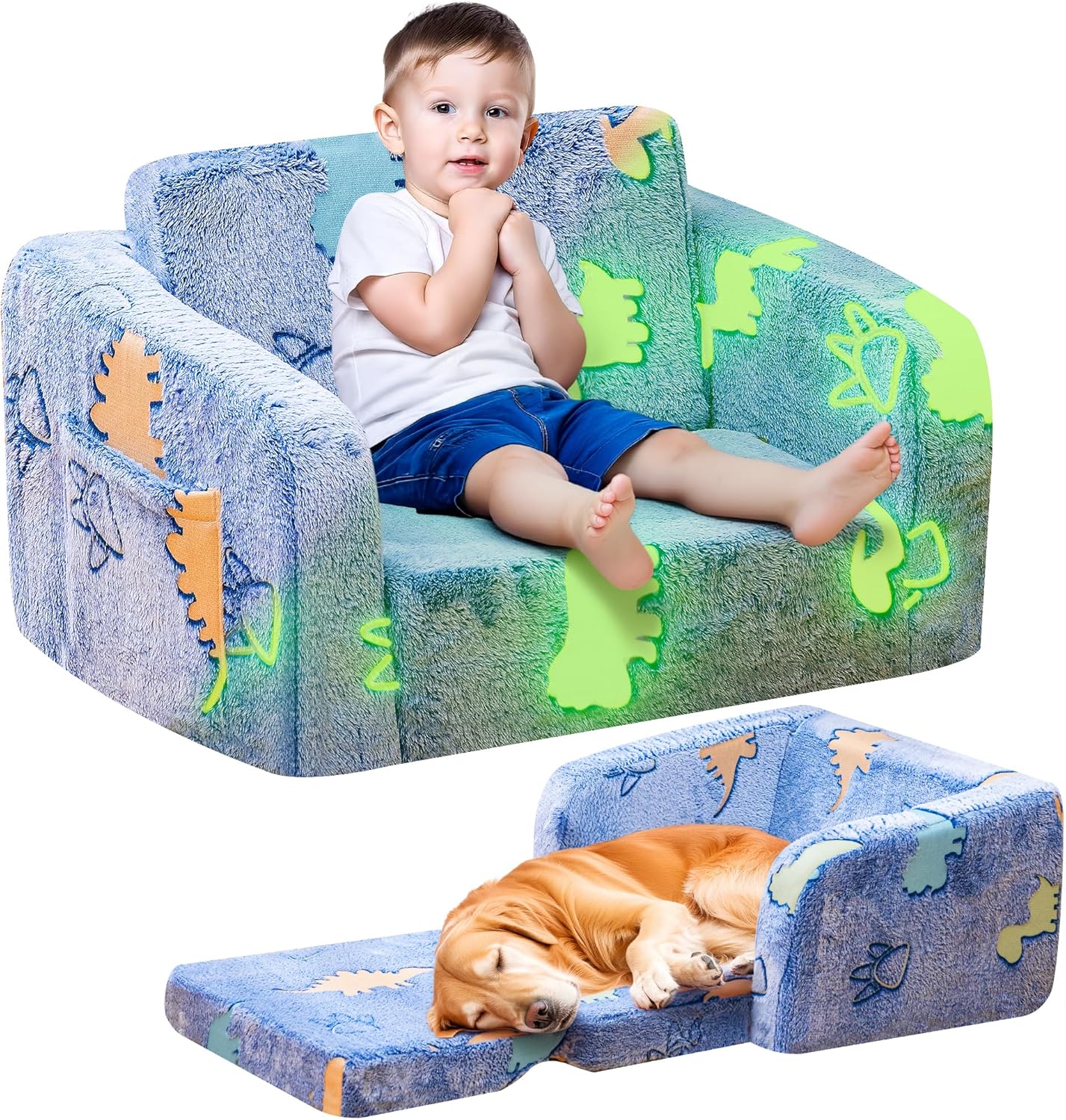 Lamerge 2-in-1 Soft Toddler Couch Fold Out,Foldable Toddler Chair, Glow in The Dark Kids Sofa for playroom,Convertible Foam and Floor Cushion for Boys and Girls (Blue and Dinosaur)