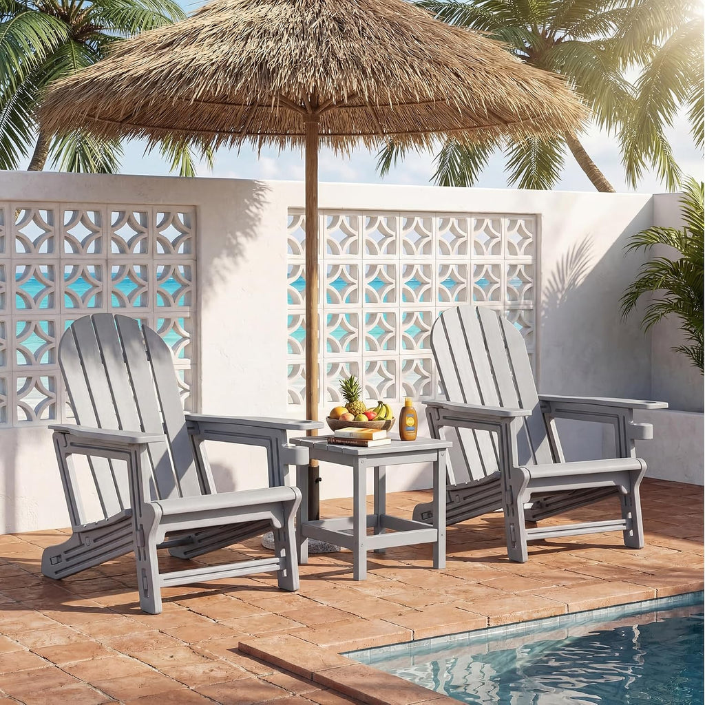 SUNBURY Outdoor Adirondack Chair, Set of 1 HDPE Outdoor Chair w Cup Holder, 0 Screws Wood Texture Garden DIY Chair Weather Resistant, Fire Pit Chair, Plastic Patio Chair for Deck,Backyard,Garden, Grey