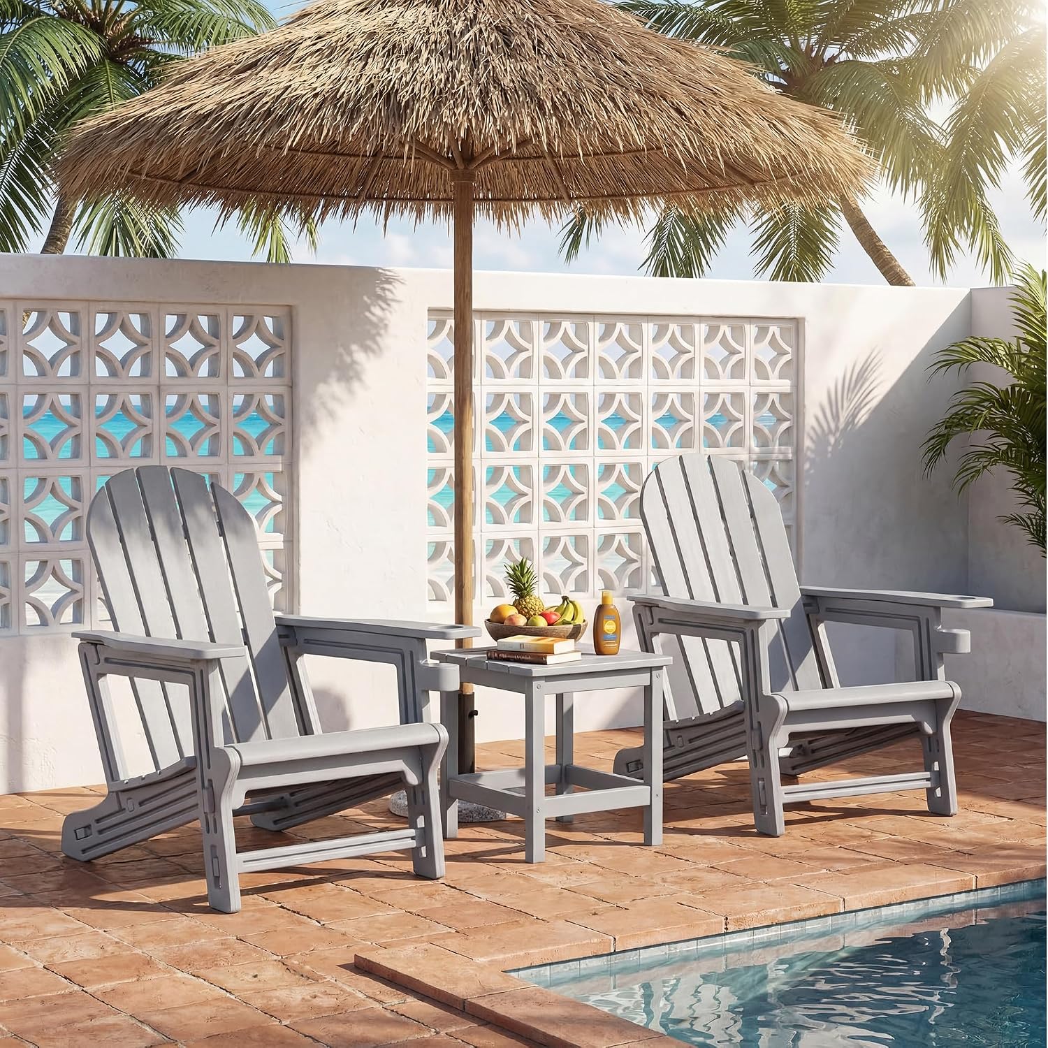 SUNBURY Outdoor Adirondack Chair, Set of 1 HDPE Outdoor Chair w Cup Holder, 0 Screws Wood Texture Garden DIY Chair Weather Resistant, Fire Pit Chair, Plastic Patio Chair for Deck,Backyard,Garden, Grey