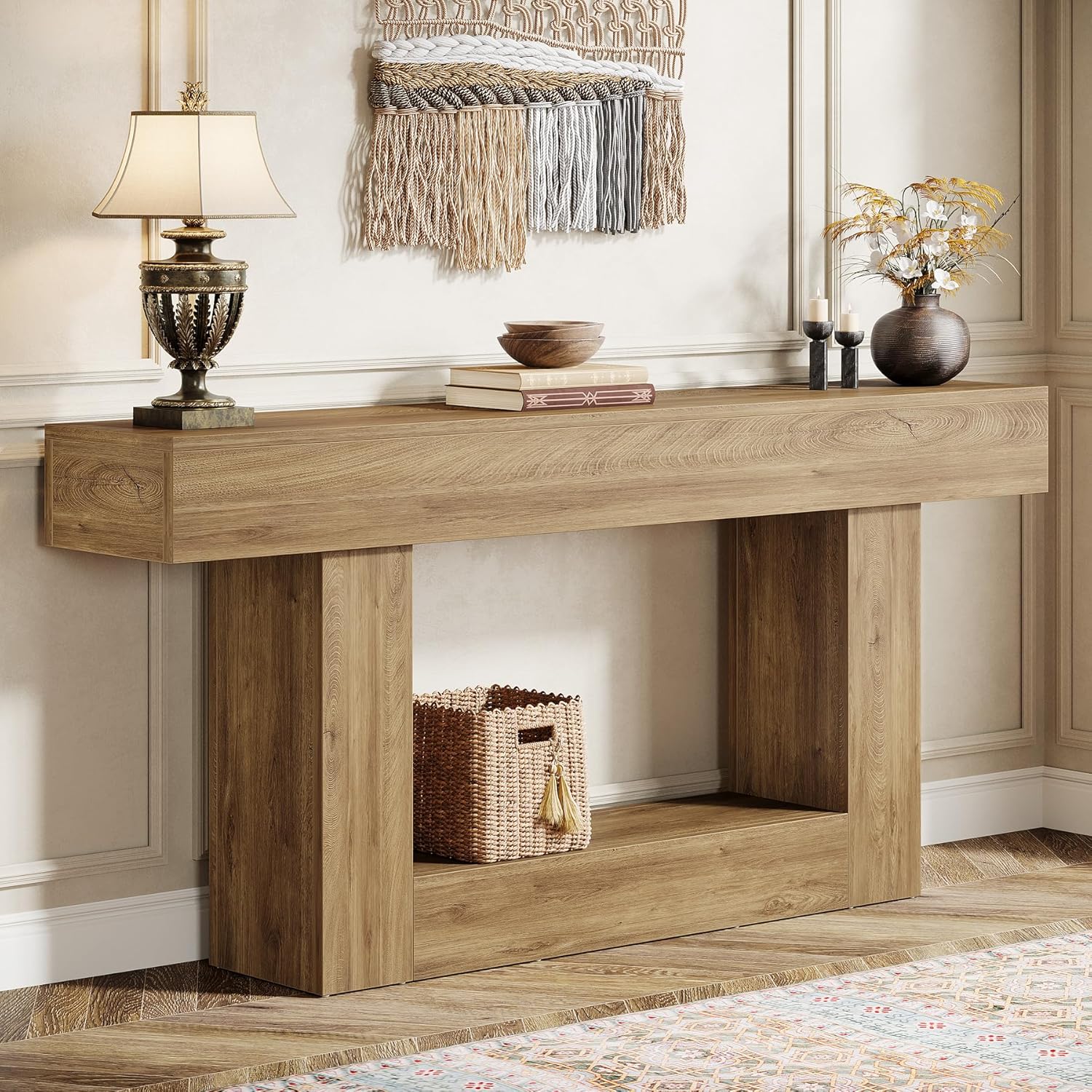 Tribesigns 63" Console Table, Farmhouse 2-Tier Entryway Table with U-Shaped Base, Narrow Long Wood Sofa Table Behind Couch Table for Living Room, Hallway, Foyer, Light Brown