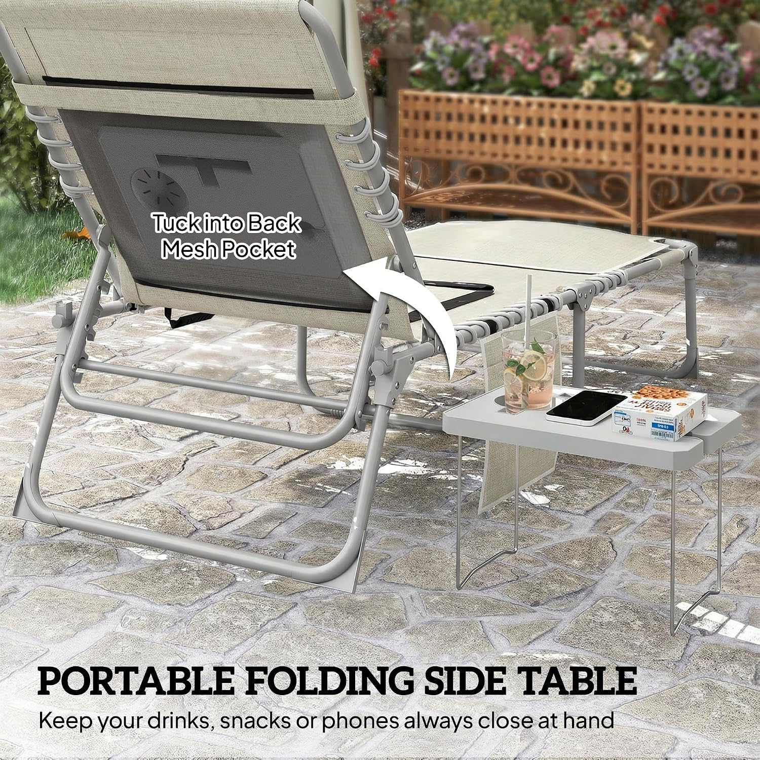 Outsunny Tanning Chair with Face Hole, Side Table, 5-Position Reclining Folding Chaise Lounge Chair Outdoor Lounger Recliner, Carry Straps for Beach Pool Camp, Breathable Mesh, Beige