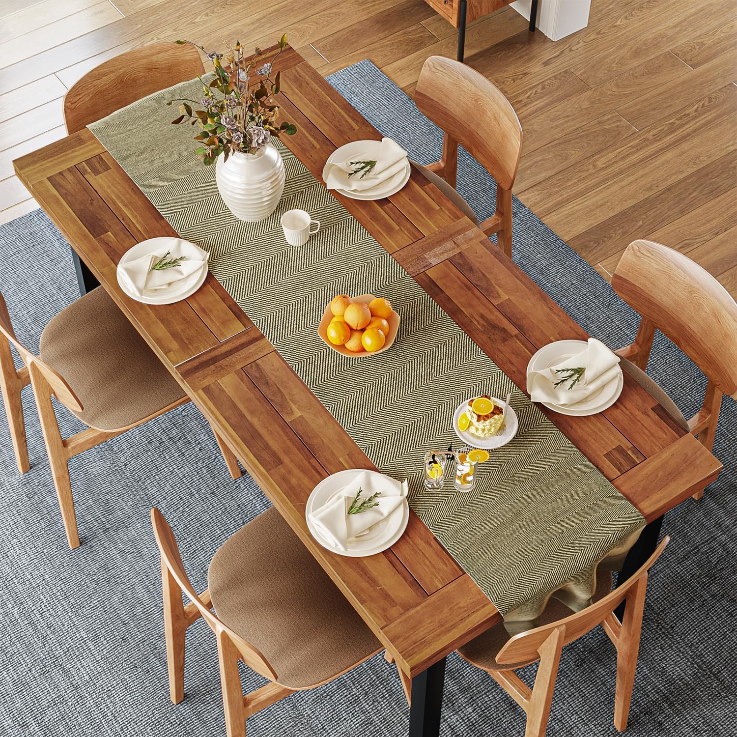 OFIKA Dining Table for 6-8 People, 70" Acacia Wood Rustic Rectangular Dinner Table with Metal Frame, Sandblast Finish, Natural Stained, Indoor Outdoor Kitchen Dining Room Table Large 70x33.2x30 inch