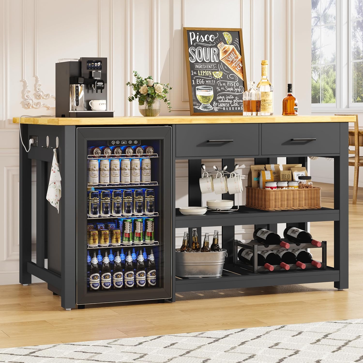 DynJest 60" Solid Rubberwood Kitchen Island with Storage & Leg Room, Black | Coffee Bar Buffet Cabinet w/ Fridge Space & Power Outlets, 2 Drawers & 6 Hooks, Large Countertop, for Home Office Dining Room
