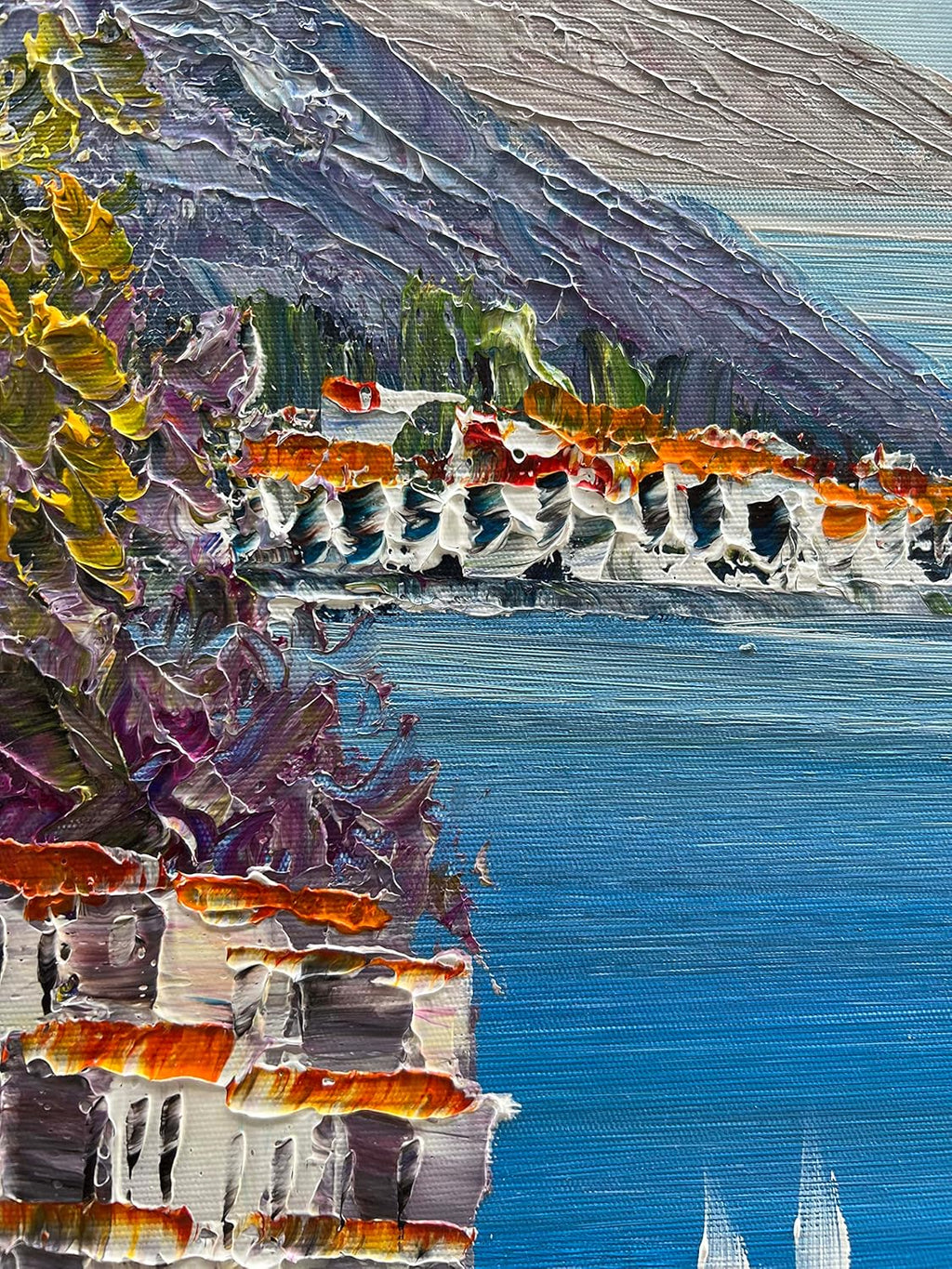 Alenoss Hand Painted Acrylic Large Abstract Modern Oil Paintings on Canvas 28x40 Inches Vertical Wall Art Mediterranean Sea Cityscape Blue Artwork Wall Decor Home Decorations