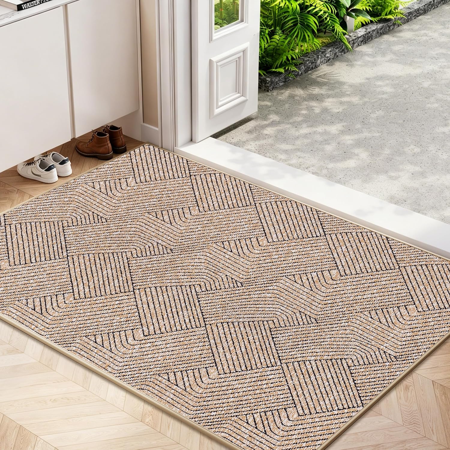Indoor Door Mat 24"x36", Low-Profile Welcome Front Door Mat Indoor Entrance, Non Slip Rubber Backing Inside Doormat Washable Entryway Dirt Resistant & Absorbent 2x3 Entry Mat, Light-Brown