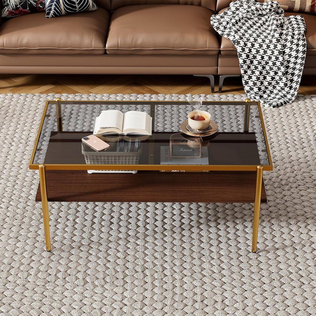 IANIYA Glass Coffee Table Modern Center Table,Small Coffee Table Sofa Side Tea Table for Living Room,Tempered Glass-top with Metal Frame