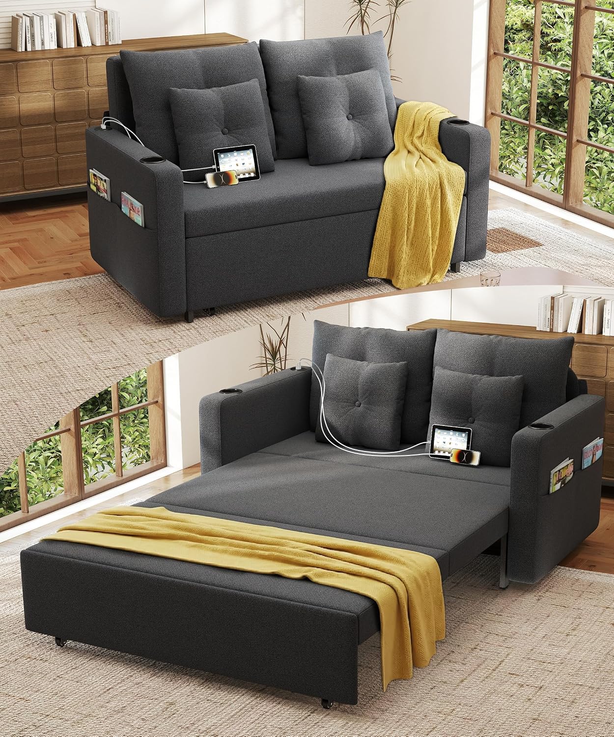 Krcix 3 in 1 Sofa Bed, 56 Inch Convertible Pull Out Couch, Loveseat Sleeper Sofa with Cup Holders, USB, Side Pockets, Multi-Function Couch Bed for Living Room, Apartment, Charcoal Grey