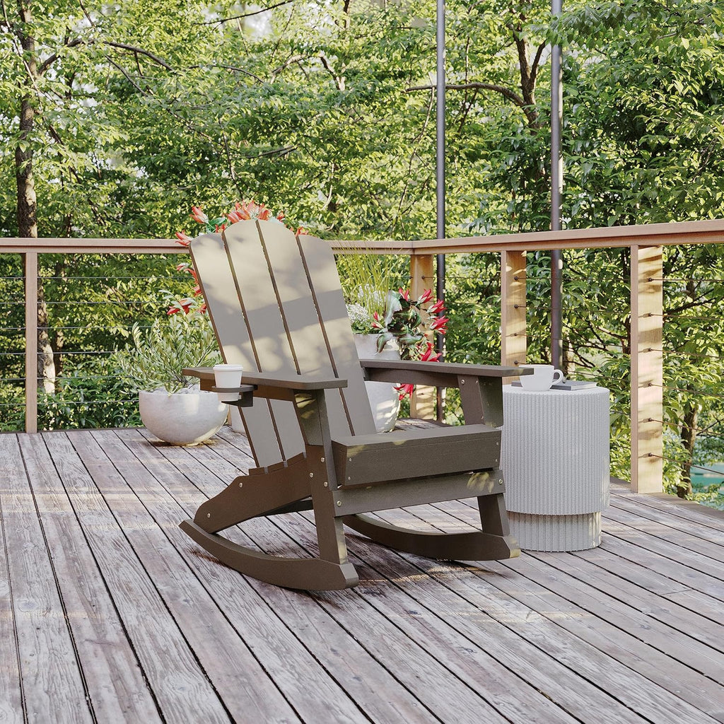 Flash Furniture Newport Adirondack Rocking Chair with Cup Holder, Weather Resistant Poly Resin Adirondack Rocking Chair, Brown