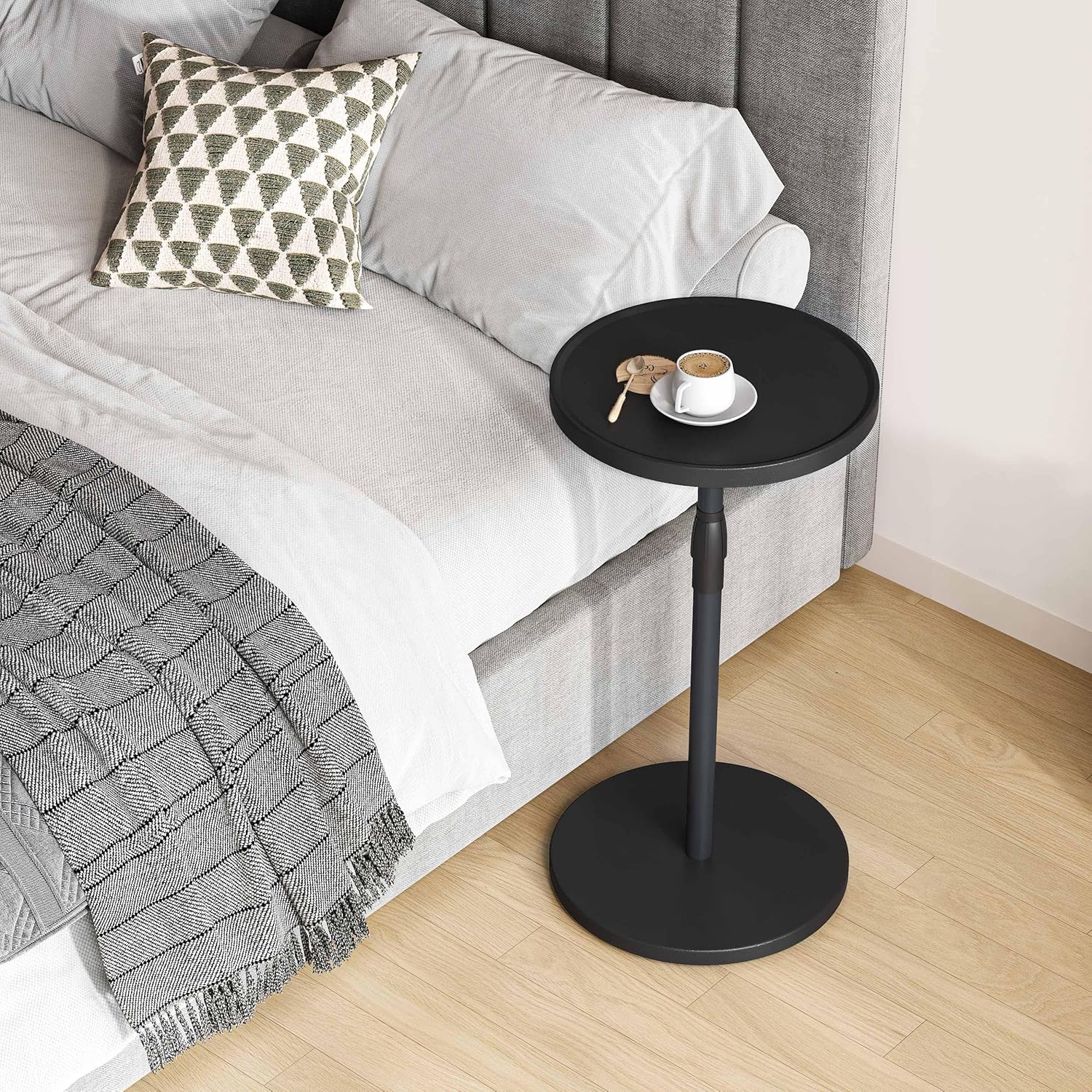 Adjustable Round Side Table, Small End Table, Pedestal Drink Table for Small Spaces, Tall Round Nightstand for Living Room Bedroom Sofa Couch, Black Wood Grain ET-010BW