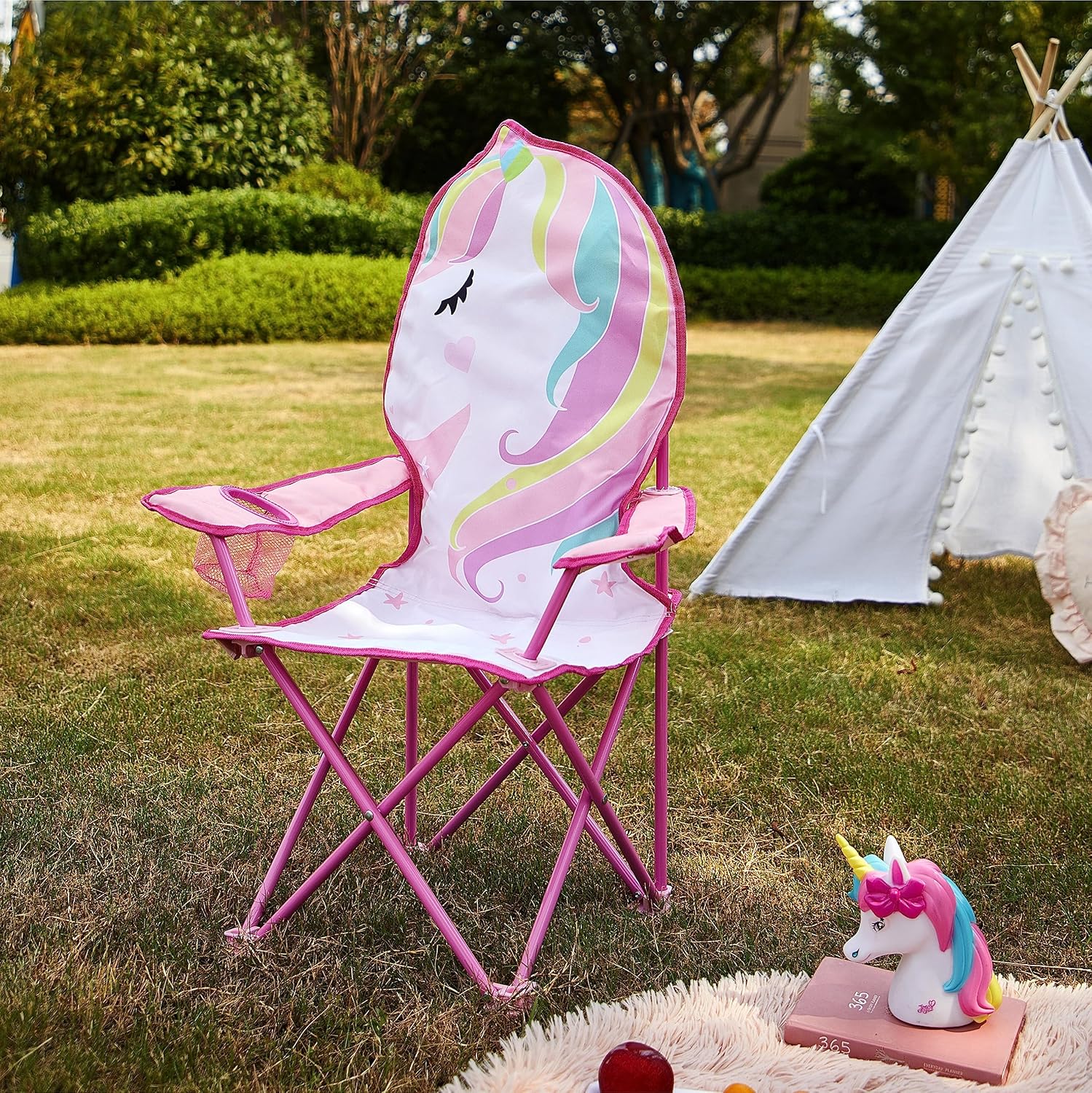 Heritage Unicorn Themed Figural Folding Camp Chair,Lightweight Portable Chair with Carry Bag & Cup Holder,Kids Outdoor/Indoor Seating,14"x14"x26"