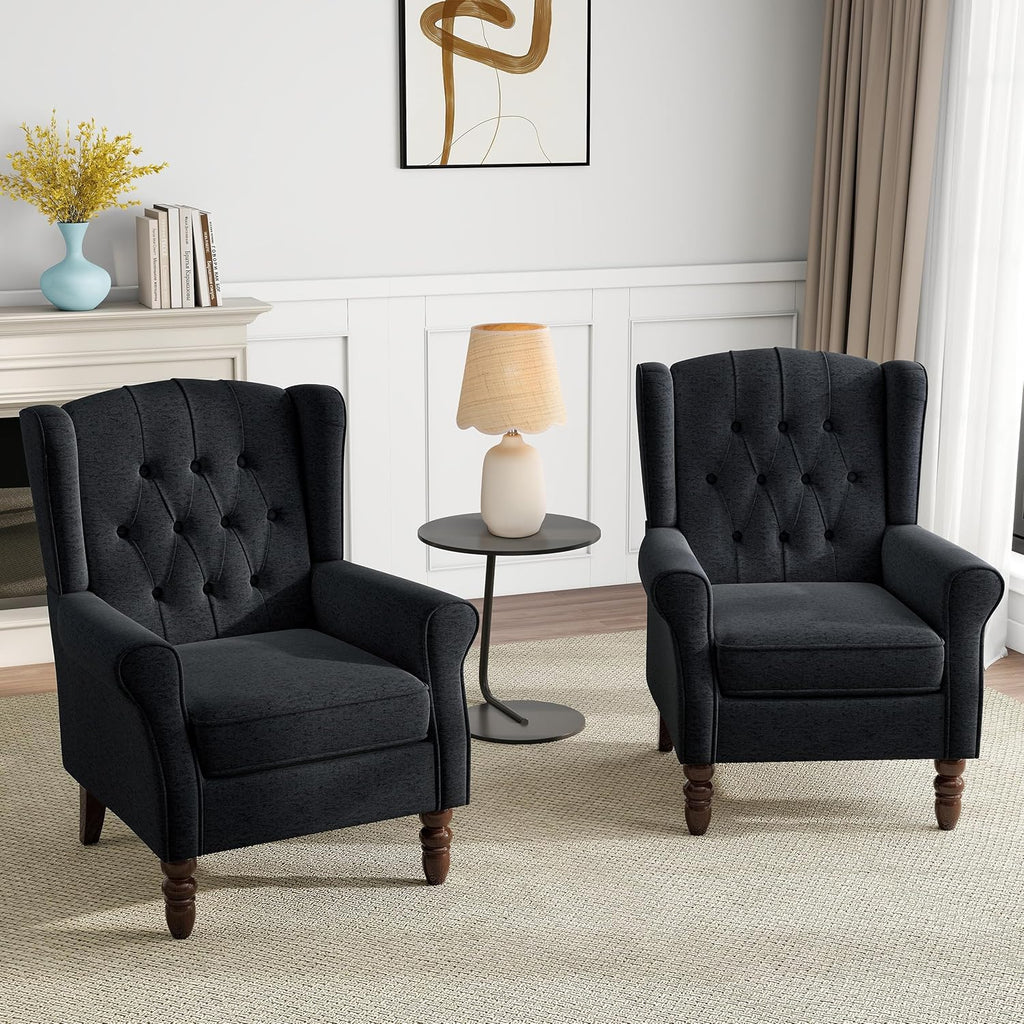 Mid-Century Modern Wingback Chair - Plush Upholstered Accent Armchair with Solid Oak Legs, Ergonomic High Back Lounge Chair for Living Room, Bedroom Office - Retro Reading Chair Bluish Black
