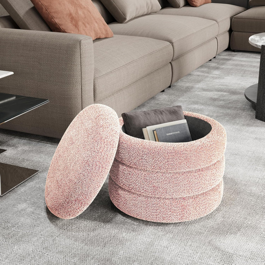 allamazing Storage Ottoman, Round Ottoman with Storage, Vanity Stool Foot Rest with Removable Lid, Round Boucle Upholstered for Living Room Pouf Footstool (Pink)