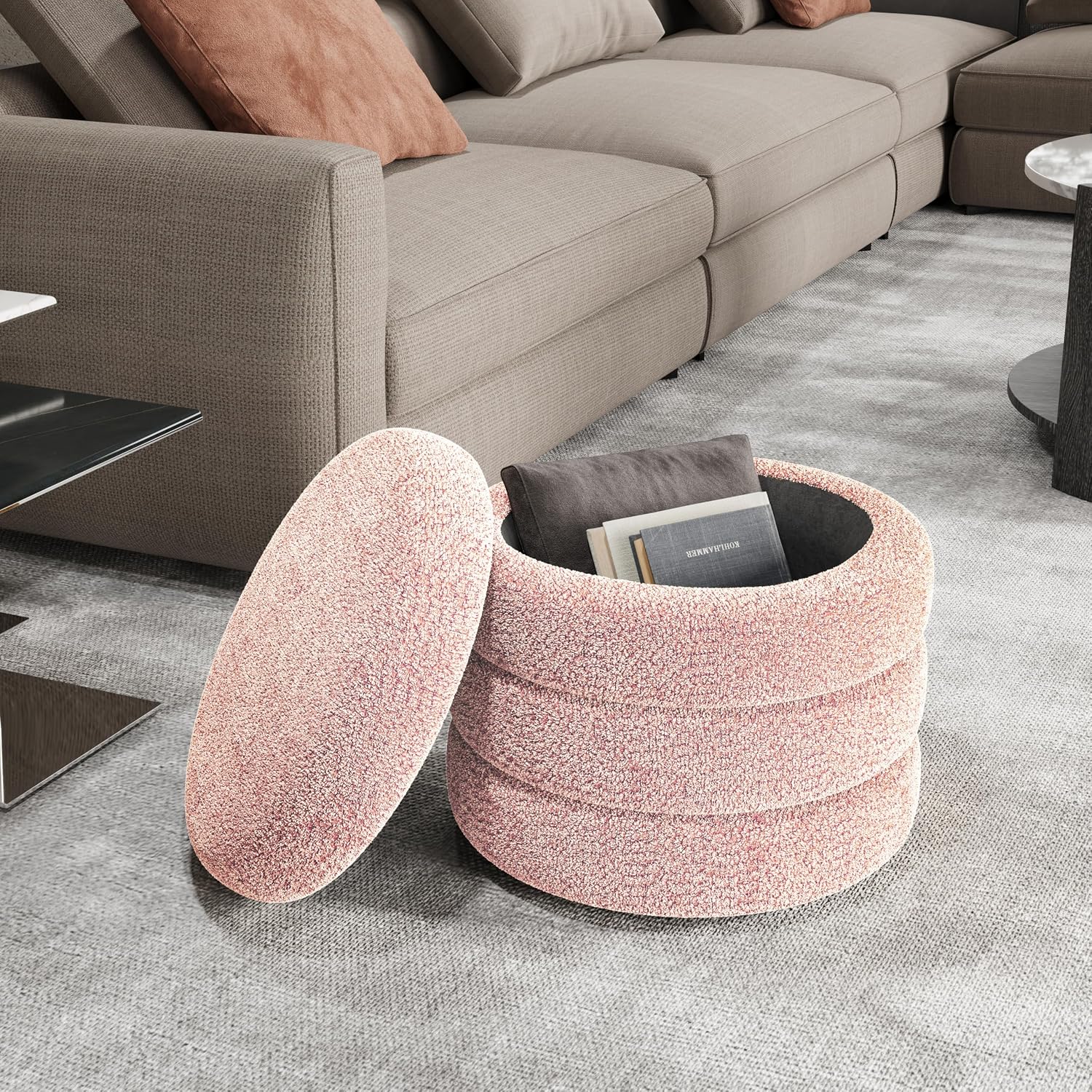 allamazing Storage Ottoman, Round Ottoman with Storage, Vanity Stool Foot Rest with Removable Lid, Round Boucle Upholstered for Living Room Pouf Footstool (Pink)