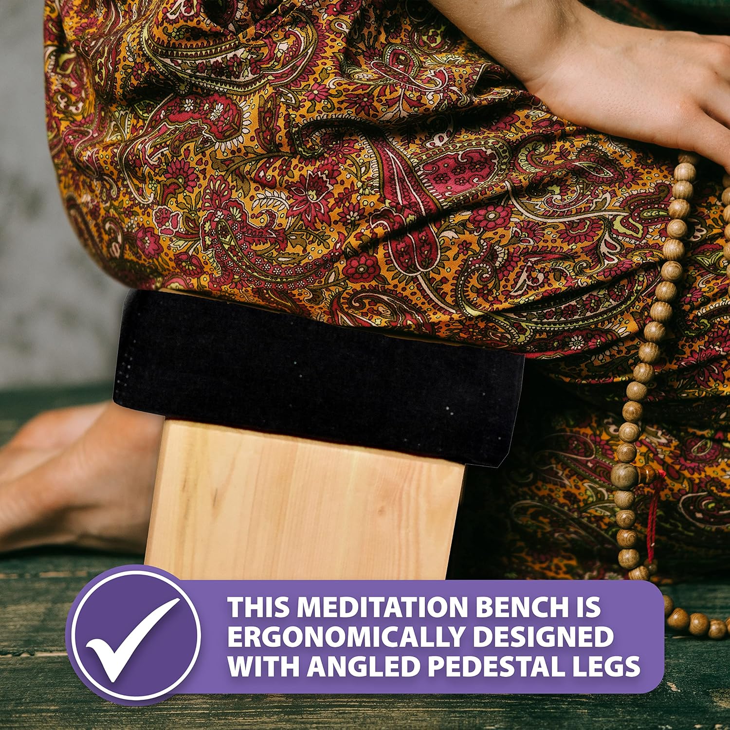 Mudra Crafts Black Foldable Meditation Chair - Yoga Zen Meditation Bench Kneeling Stool - Wooden Meditation Stool with Cushion - Prayer Kneeler Seiza Meditation Seat