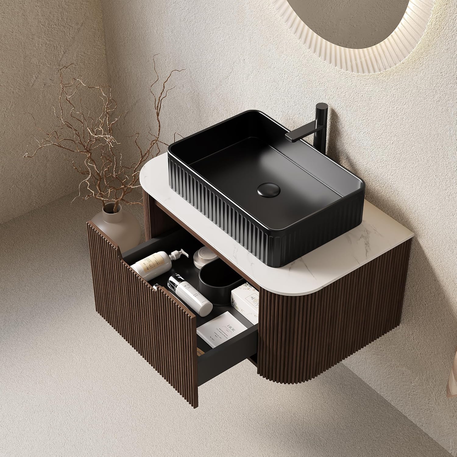 30'' Bathroom Vanities Cabinet with Sink, Wall Mounted Floating Cabinet W/Curved Edges Stripes, Oak Plywood, Soft-Close System with a Drawer, Black Rectangular Ceramic Basin - Kiel, Dark Walnut/B