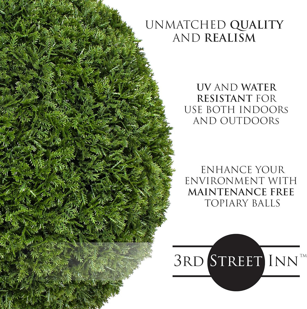 3rd Street Inn Large Cypress Topiary Ball - Artificial Plant Set - Indoor/Outdoor Wedding Party Decor - Faux Foliage Garden Sphere - Tree and Bush Substitute (15", 2 Pack)