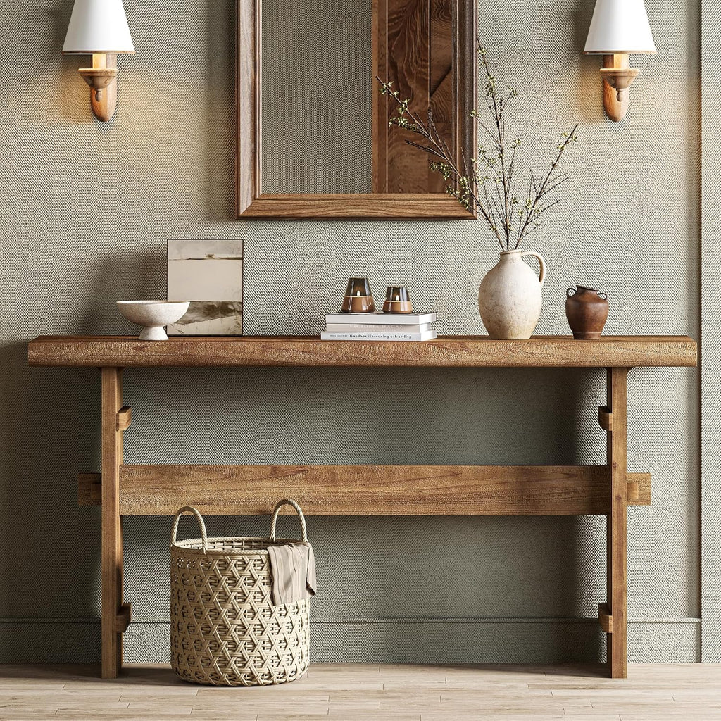 TRIBEWOOD 63-Inch Solid Wood Console Table for Entryway, Narrow Long Farmhouse Sofa Table Behind Couch, for Foyer, Hallway, Living Room, Easy Asswmbly, Brown
