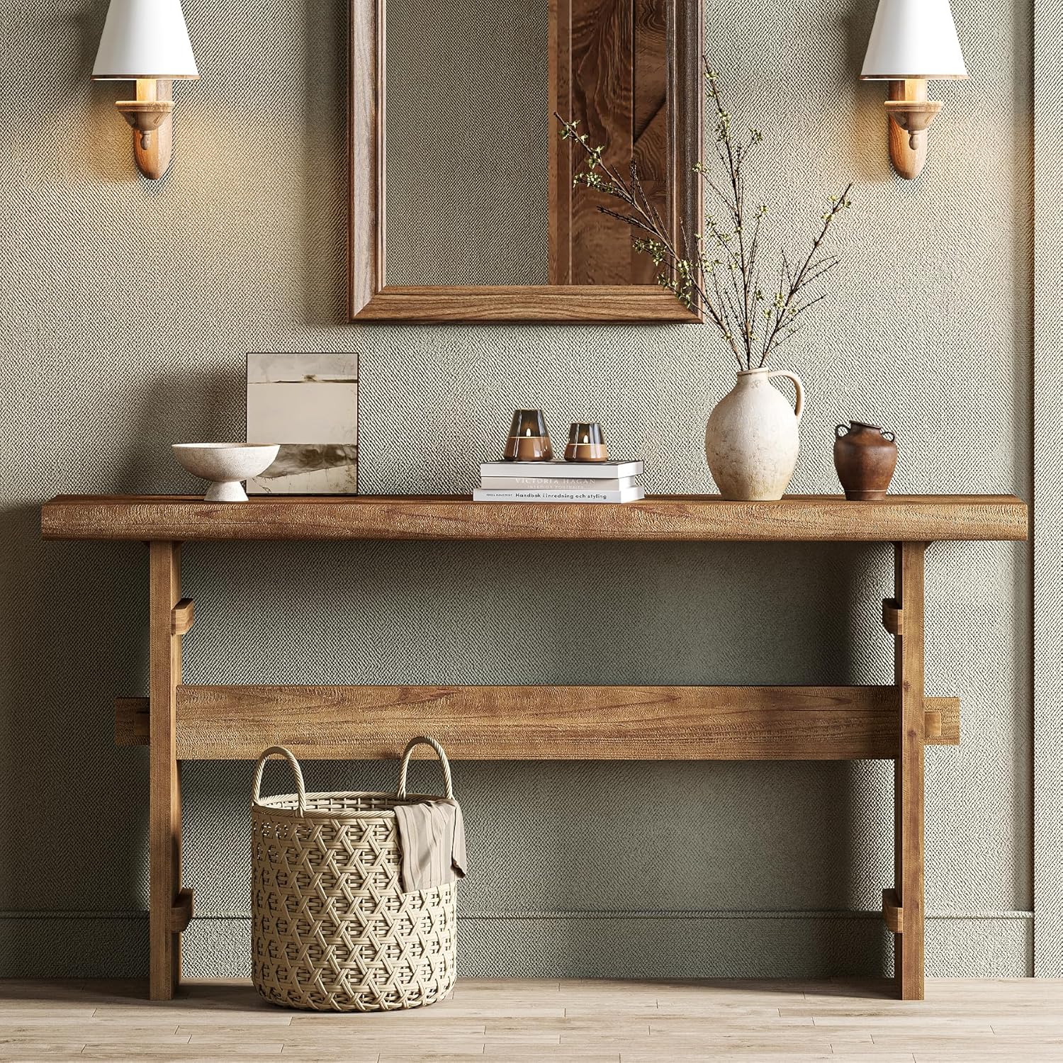 TRIBEWOOD 63-Inch Solid Wood Console Table for Entryway, Narrow Long Farmhouse Sofa Table Behind Couch, for Foyer, Hallway, Living Room, Easy Asswmbly, Brown