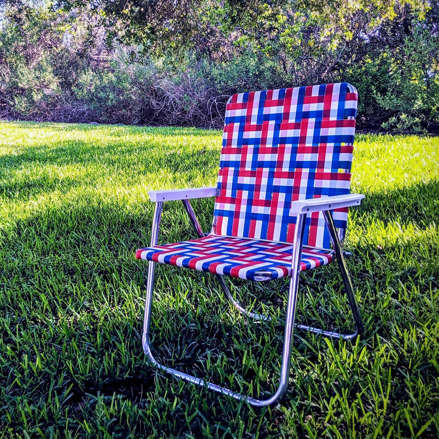 Lawn Chair USA Folding Aluminum Outdoor Patio Lawn Chair | Heavy-Duty Webbed Chairs for Camping, Sports, Beach, Yard & Tailgating | Lightweight Portable | Magnum - American Flag