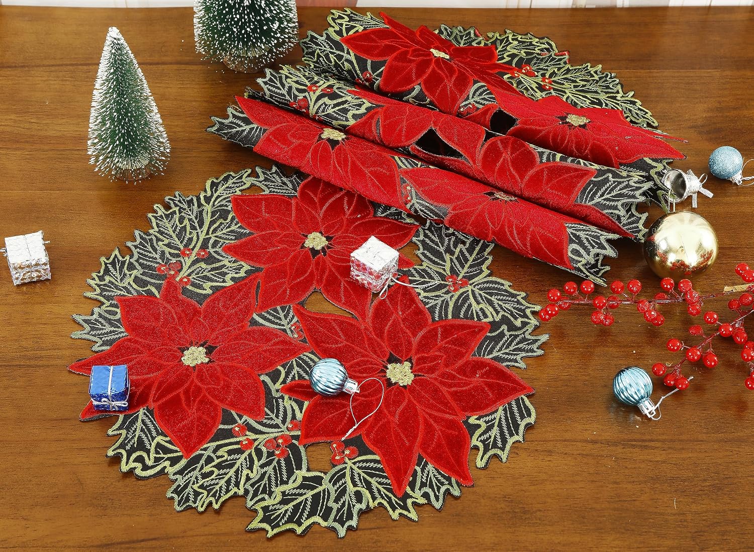GRANDDECO Christmas Holiday Poinsettia Placemats Set of 4 for Farmhouse Parties Embroidered Christmas Flower Dresser Scarves Xmas Home Kitchen Dinner Table (14" Placemats Set of 4, Christmas Flower)