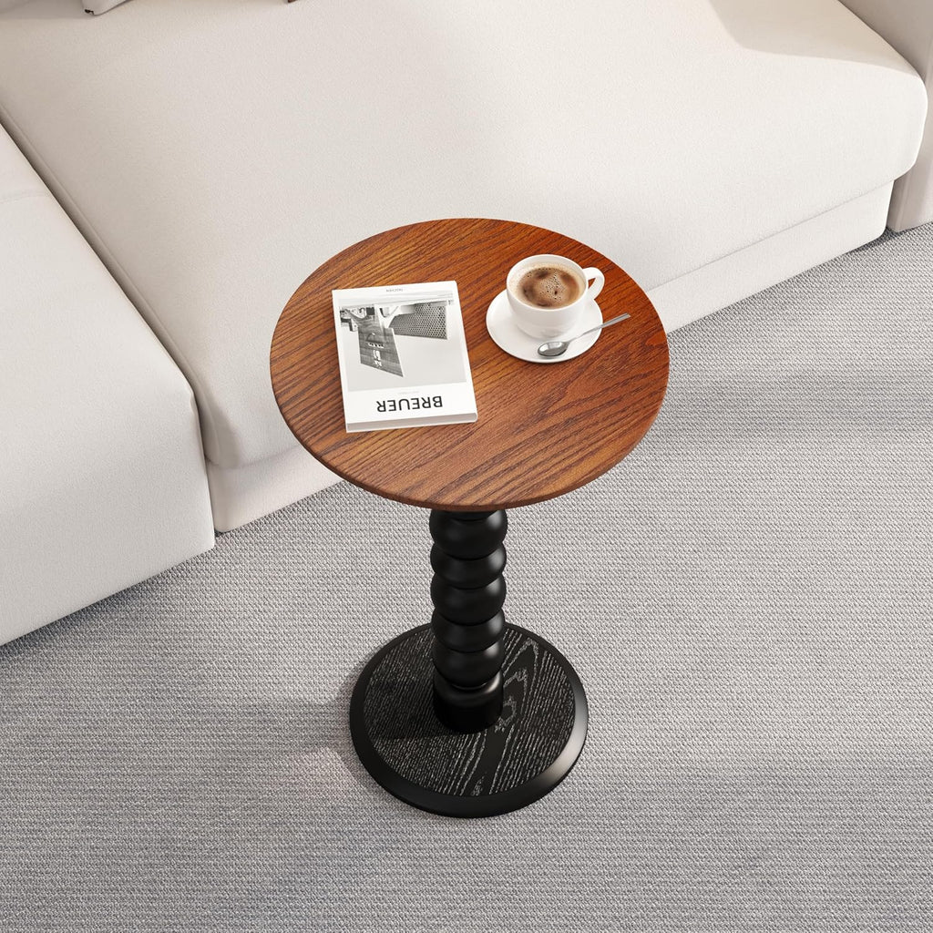 Solid Wood Round Side Table, Small Drink Table,Cocktail Table, Wooden Pedestal End Table, Plant Stand for Living Room, Bedroom,Office and Corners (Walnut/Black, 11.8" W*21.65" H)