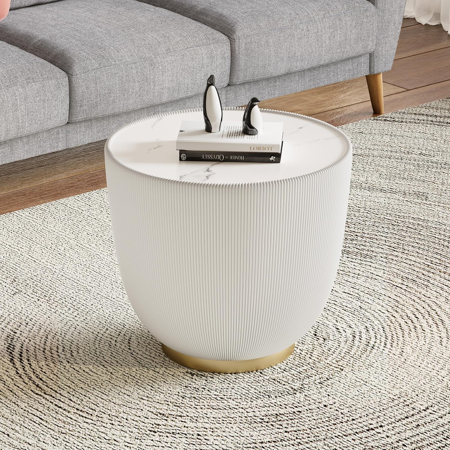 SSLine Bowl-Shape Small Coffee Table Modern Sintered Stone Top Coffee Table in Cream White Leatherette Unique Bowl Side End Table for Living Room Bedroom
