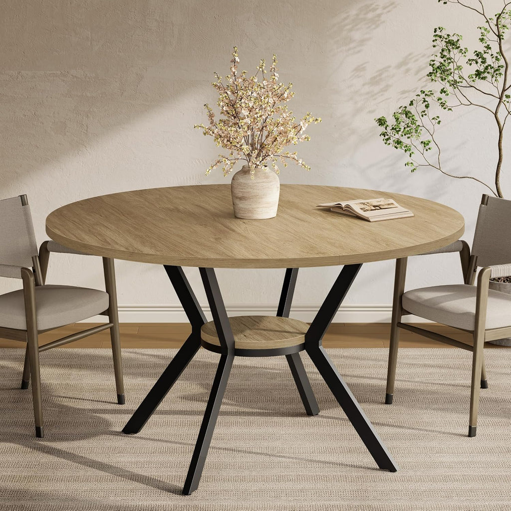 MECHYIN 42'' Round Dining Table for 2–4, Farmhouse Round Kitchen Table with Storage Shelf, Pedestal Dinner Table, Wood Top & Metal Base, Small Space Table for Apartment, Dining Room, Light Oak