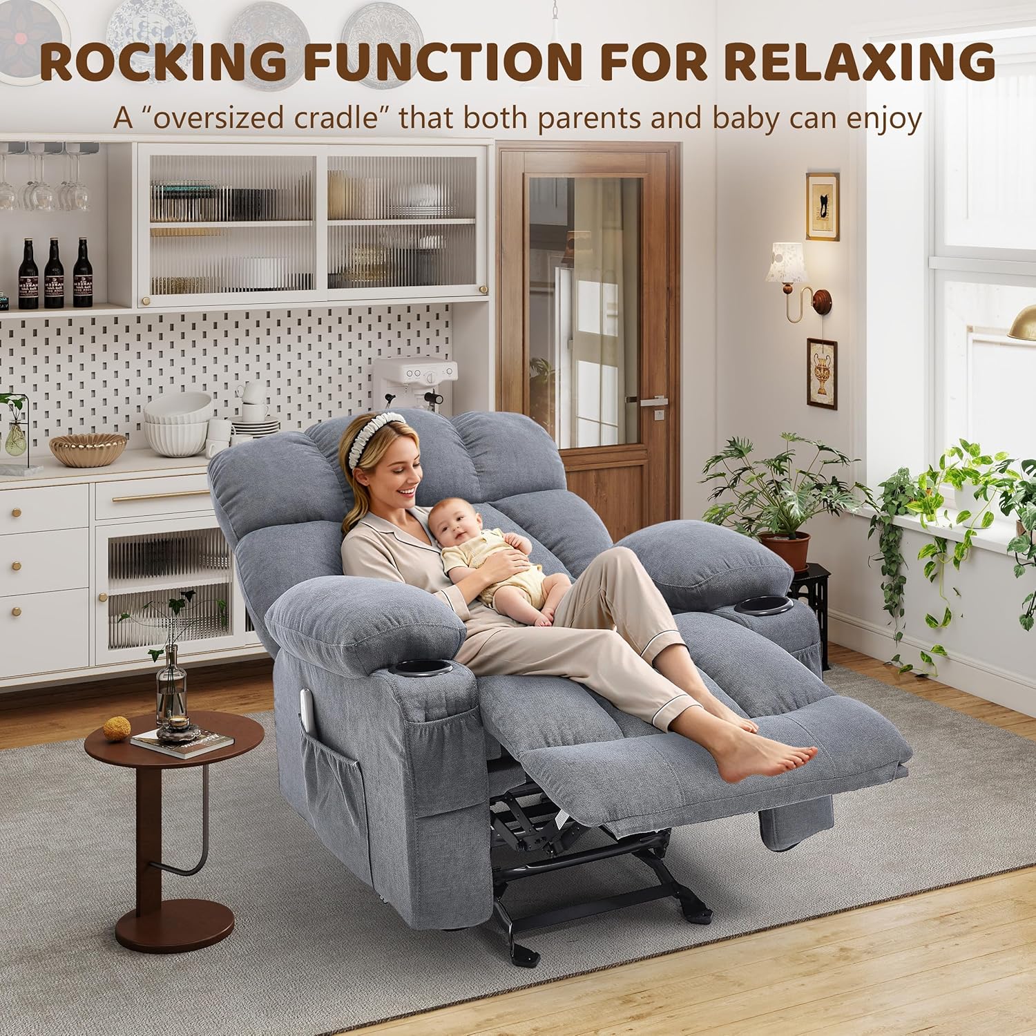 Massage Rocking Recliner Chair, Ergonomic Recliners Sofa with Vibration Massage & Heat, Rocking Chair Nursery Chair for Living Room Lounge with 4 Pockets, 2 Cup Holders, USB Charge Port, Grey