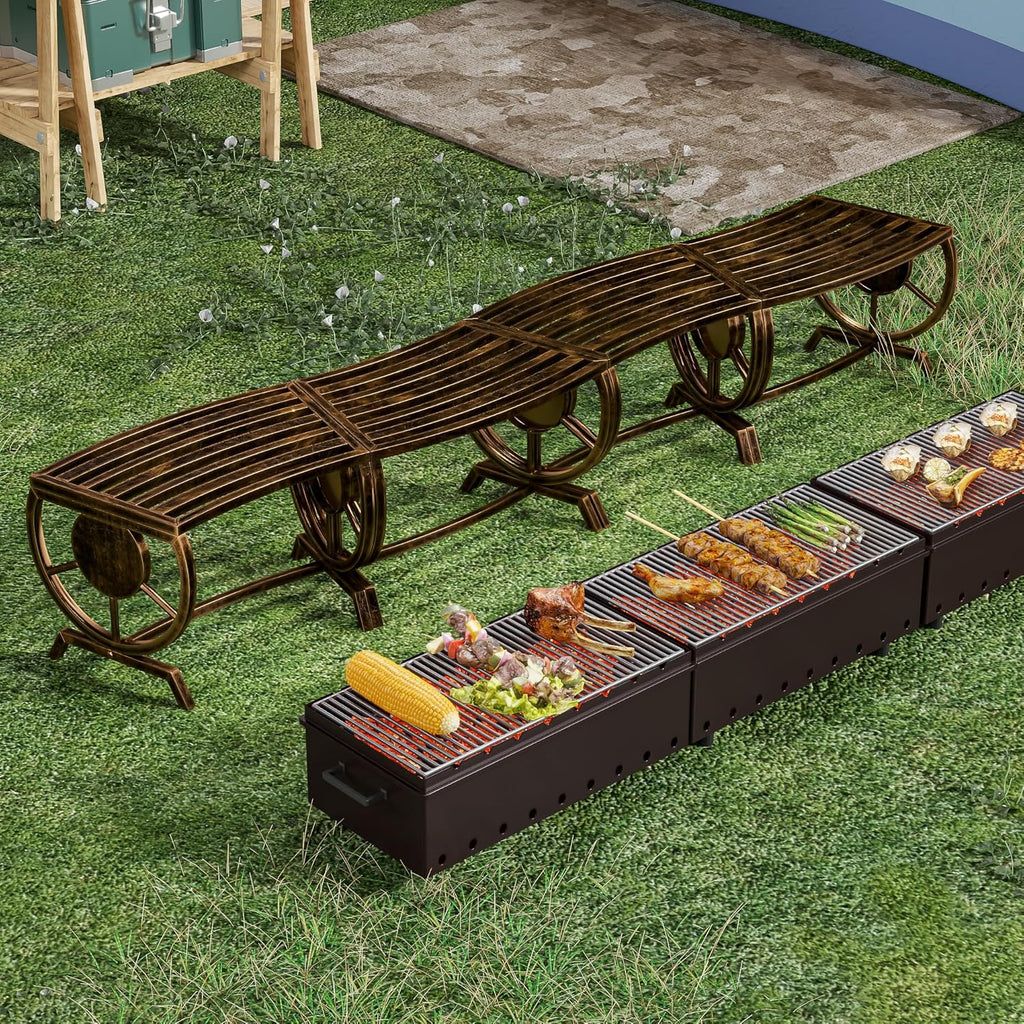 Outdoor Bench Patio Outdoor Garden Bench with Built-in Table, Wagon Wheel Arms, 3 People Outdoor Bench Garden Bench Front Porch Furniture (Bronze-22.83inch-2Pieces)