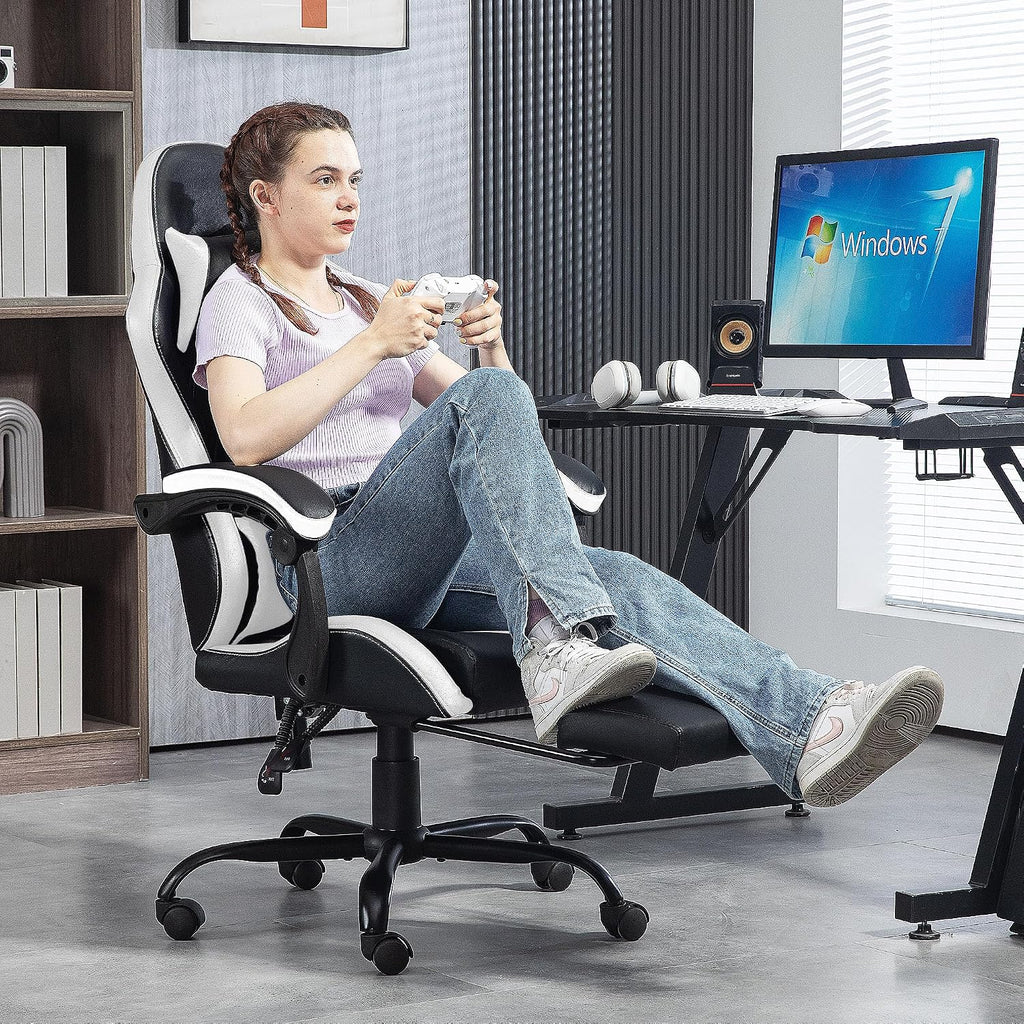 Massage Gaming Chair with Footrest, Ergonomic PU Leather Computer Chair w/Headrest and Lumbar, Height Adjustable, 360° Swivel Desk Office Chair, White