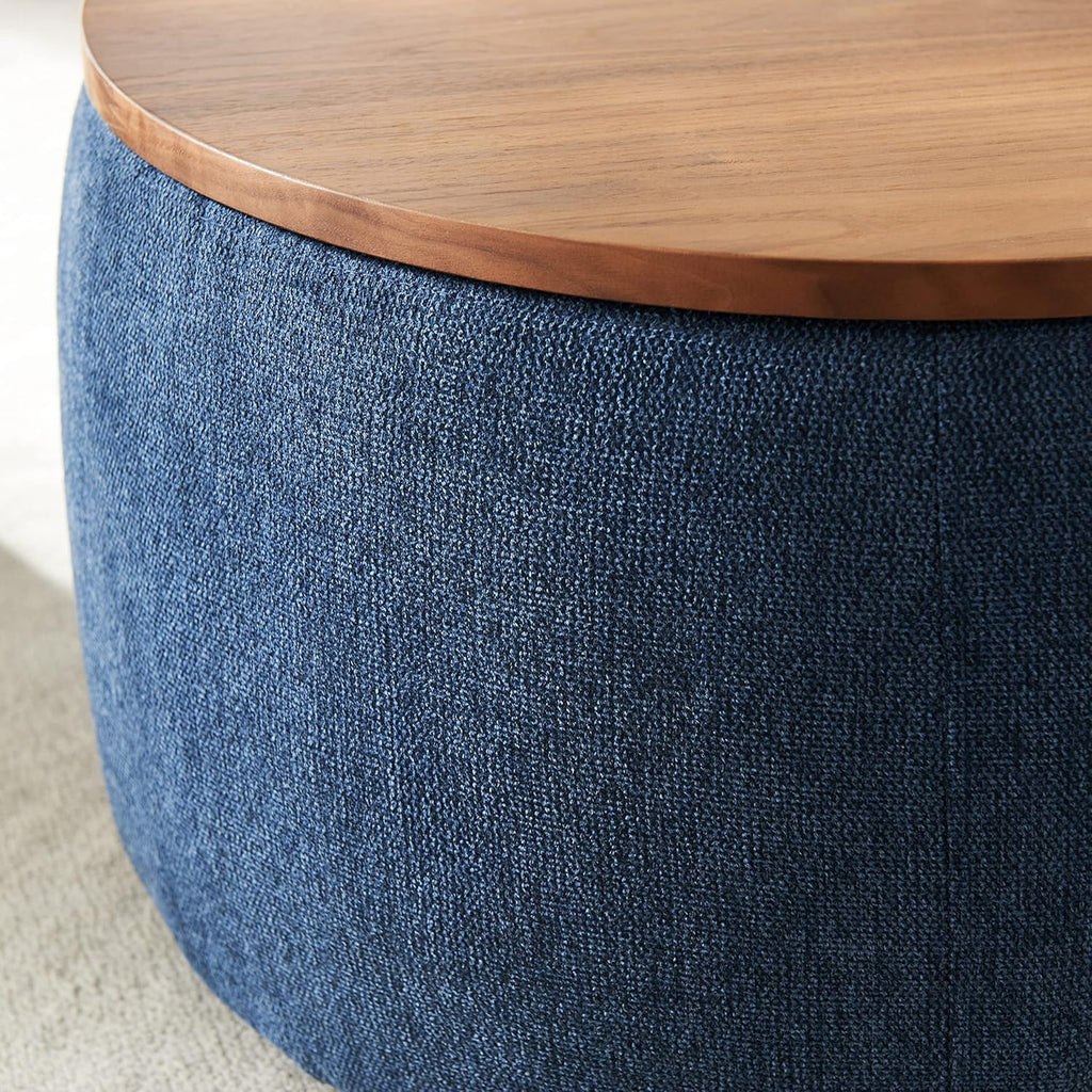 TTK Round Ottoman Coffee Table with Storage, 25.5" Large Circle Storage Ottoman with Tray, Modern Foot Stools Chenille Padded Bench Ottomans upholstered Coffee Tables for Living Room (Navy Blue)