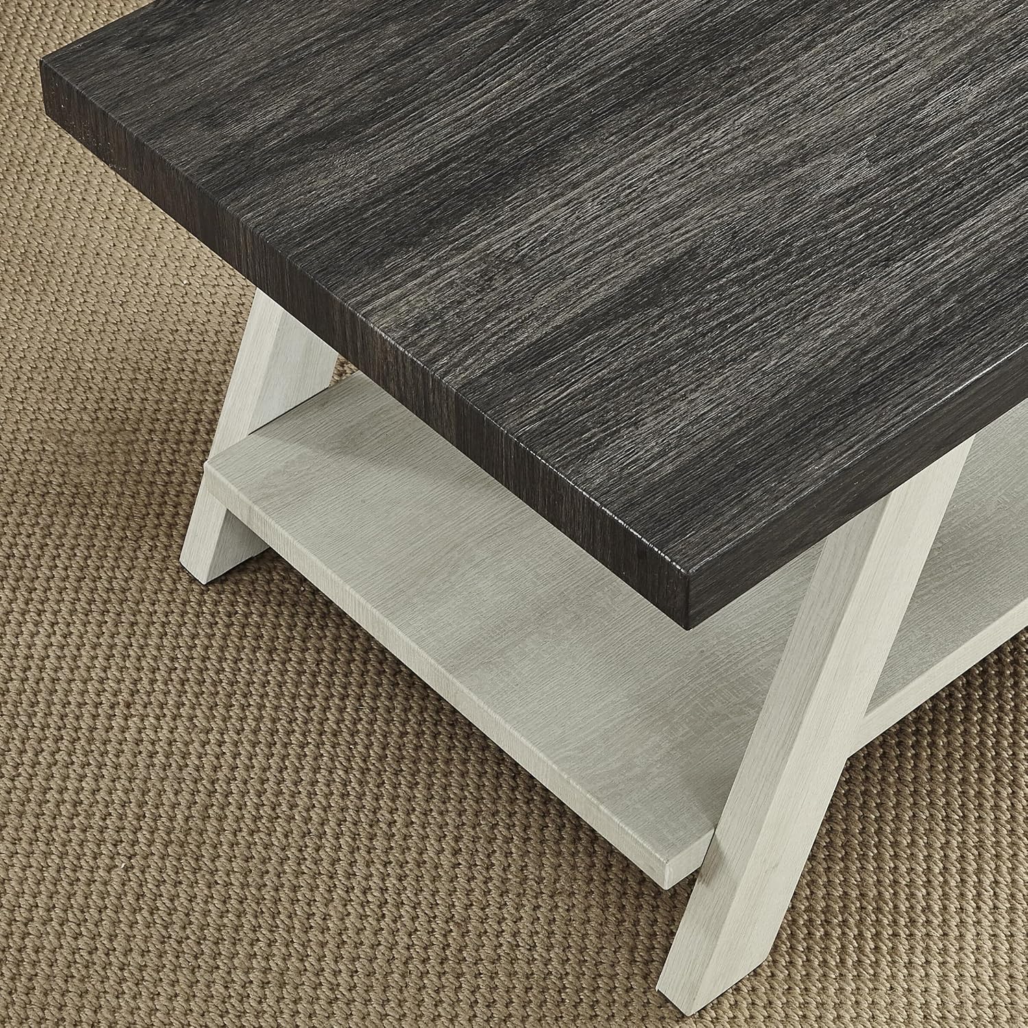 Modern Industrial Wooden End Table, 2-Tier Small Sofa Side Table with Storage for Living Room, Bedroom, Small Spaces, Charcoal + Beige