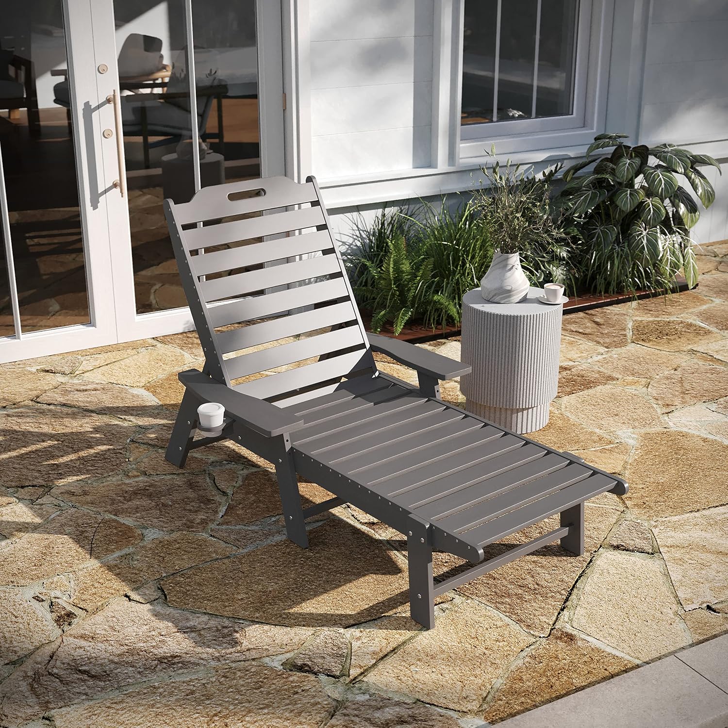 Taylor & Logan Edgley Adjustable Adirondack Lounger with Cup Holder- All-Weather Indoor/Outdoor HDPE Lounge Chair in Gray