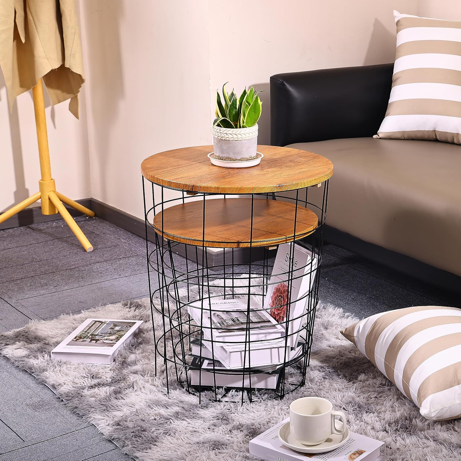 Elevon Wire Basket Base with Wood Tops Side Table Set of 2, Brown