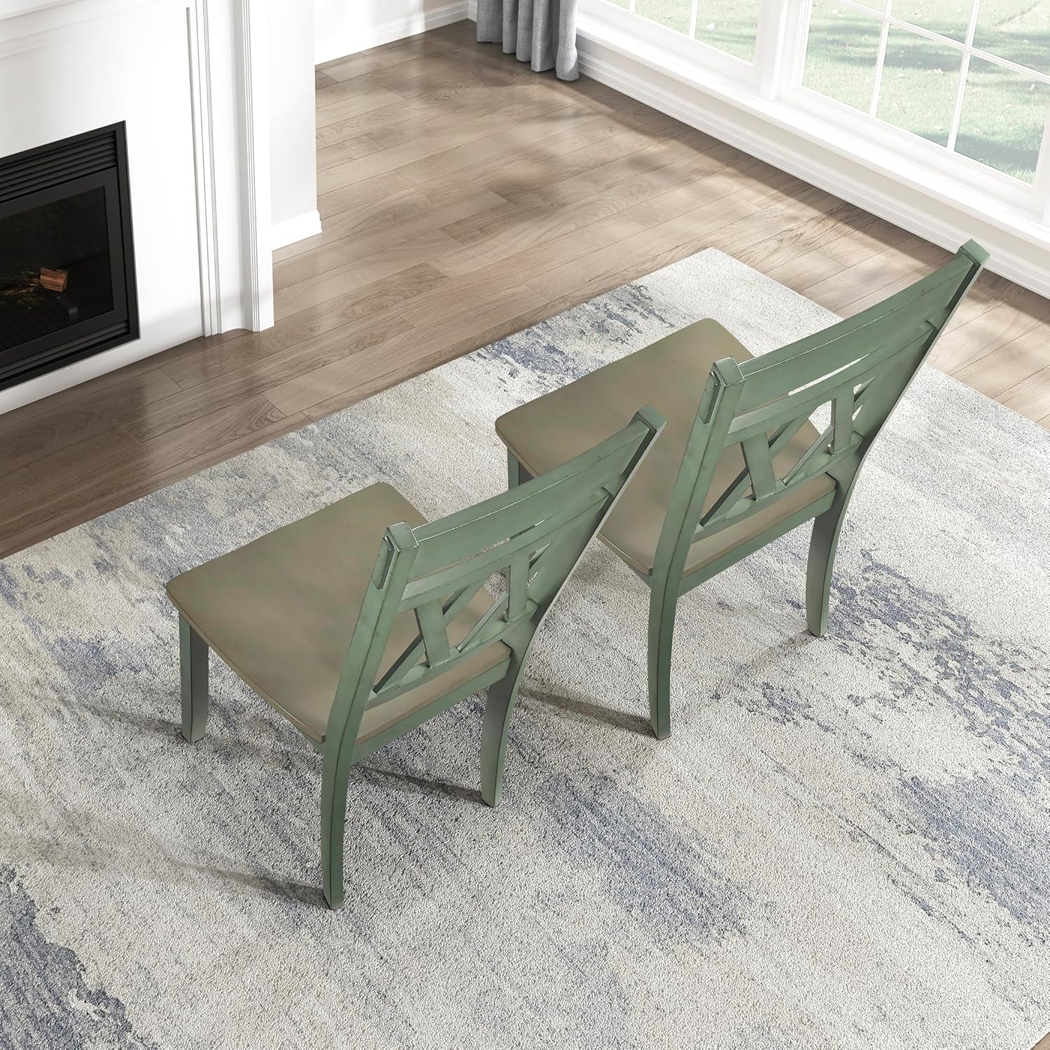 Lexicon Farmhouse Wood Dining Chair, Set of 2, Double Cross Back, Rustic Armless Chairs, Kitchen and Dining Room Furniture, Two-Tone Finish (Greywash and Antique Teal)