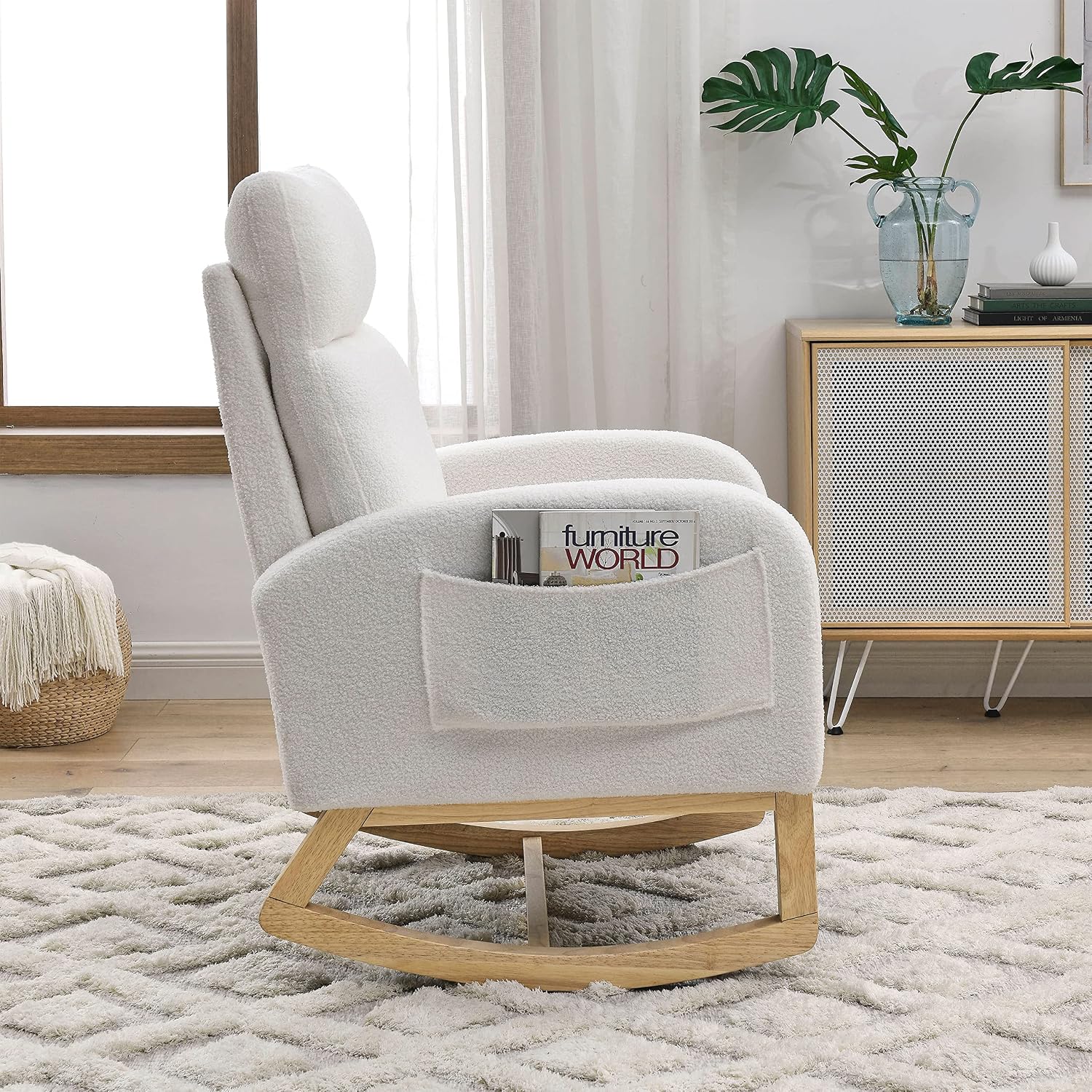 Dolonm Rocking Chair Mid-Century Modern Nursery Rocking Armchair Upholstered Tall Back Accent Glider Rocker for Living Room (White,Teddy)