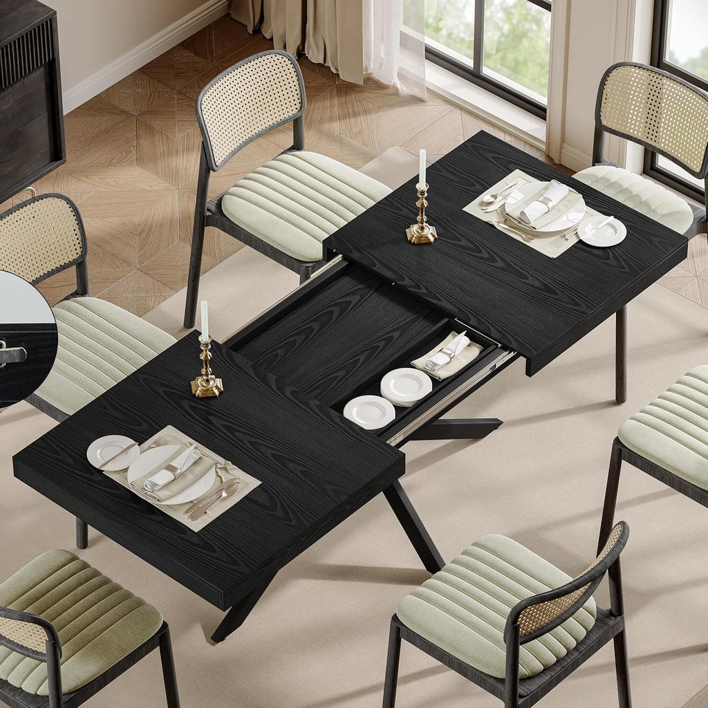 Extendable Dining Room Table for 4 6 8, 55"-71" Long Rectangle Kitchen Table,Wood Expandable Dining Table with Hidden Leaf & Storage, Space Saving, for Kitchen Dining Living Room, Modern, Black