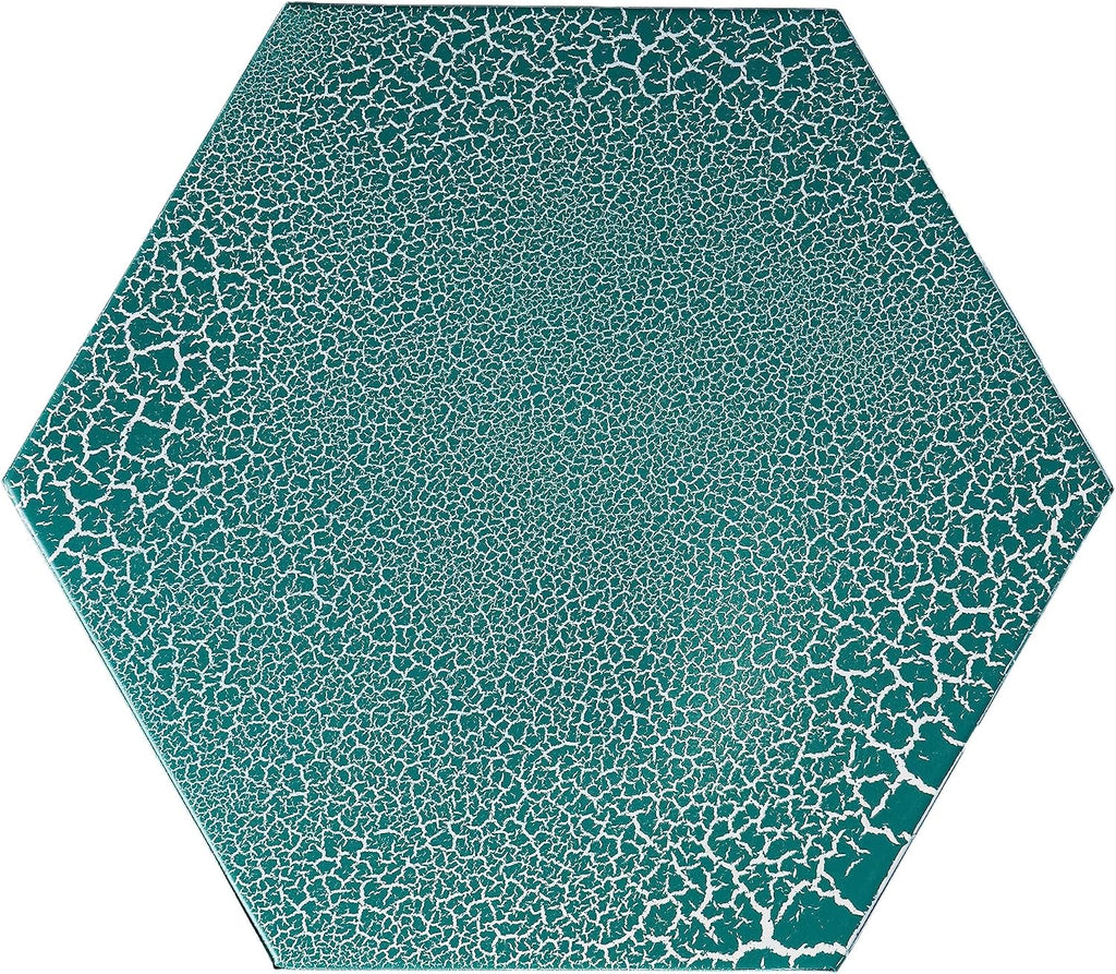 Eliana 12" Hexagonal Metal Side Table, Teal Crackle Finish Boho Accent Table with Cutout Floral Design, Sturdy Iron End Table for Living Room Bedroom Patio Decor