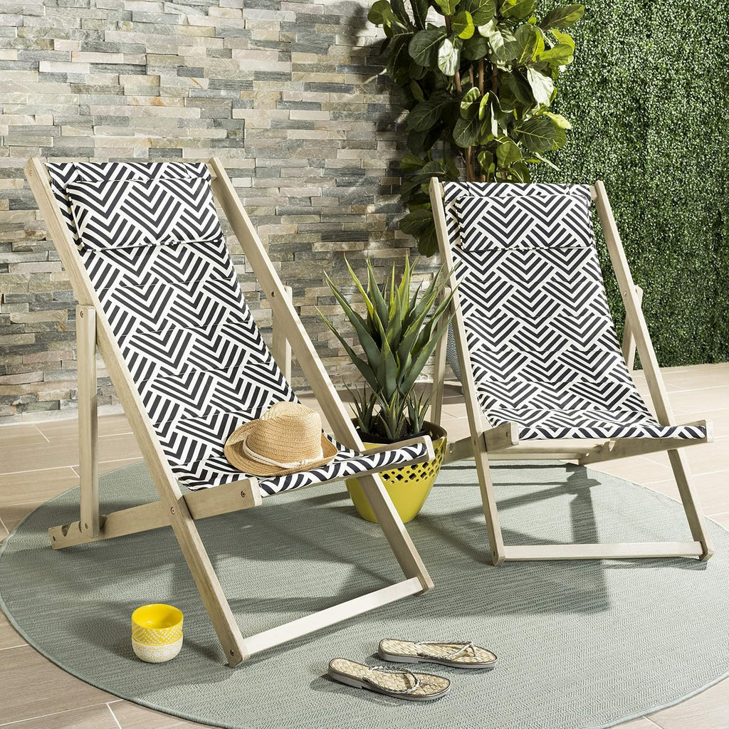 SAFAVIEH Outdoor Collection Rive White Wash and Navy Foldable Sling Chair
