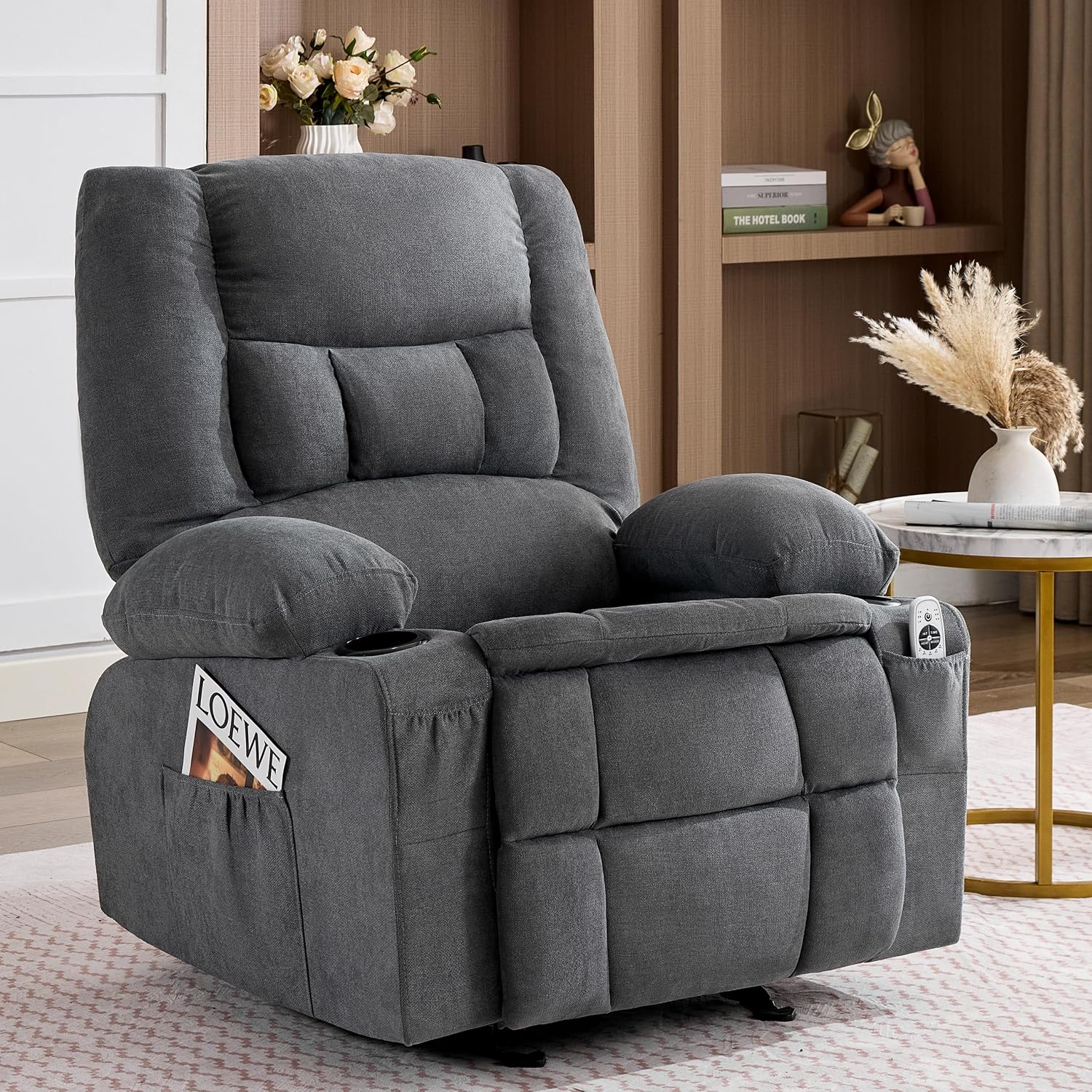 Rocker Recliner Chair with Massage and Heat, Nursery Rocking Chairs for Living Room, Ergonomic Comfy Relining Chair with Cup Holders, USB Charge Port, Side Pockets, Comfortable Arms, Single Sofa, Grey