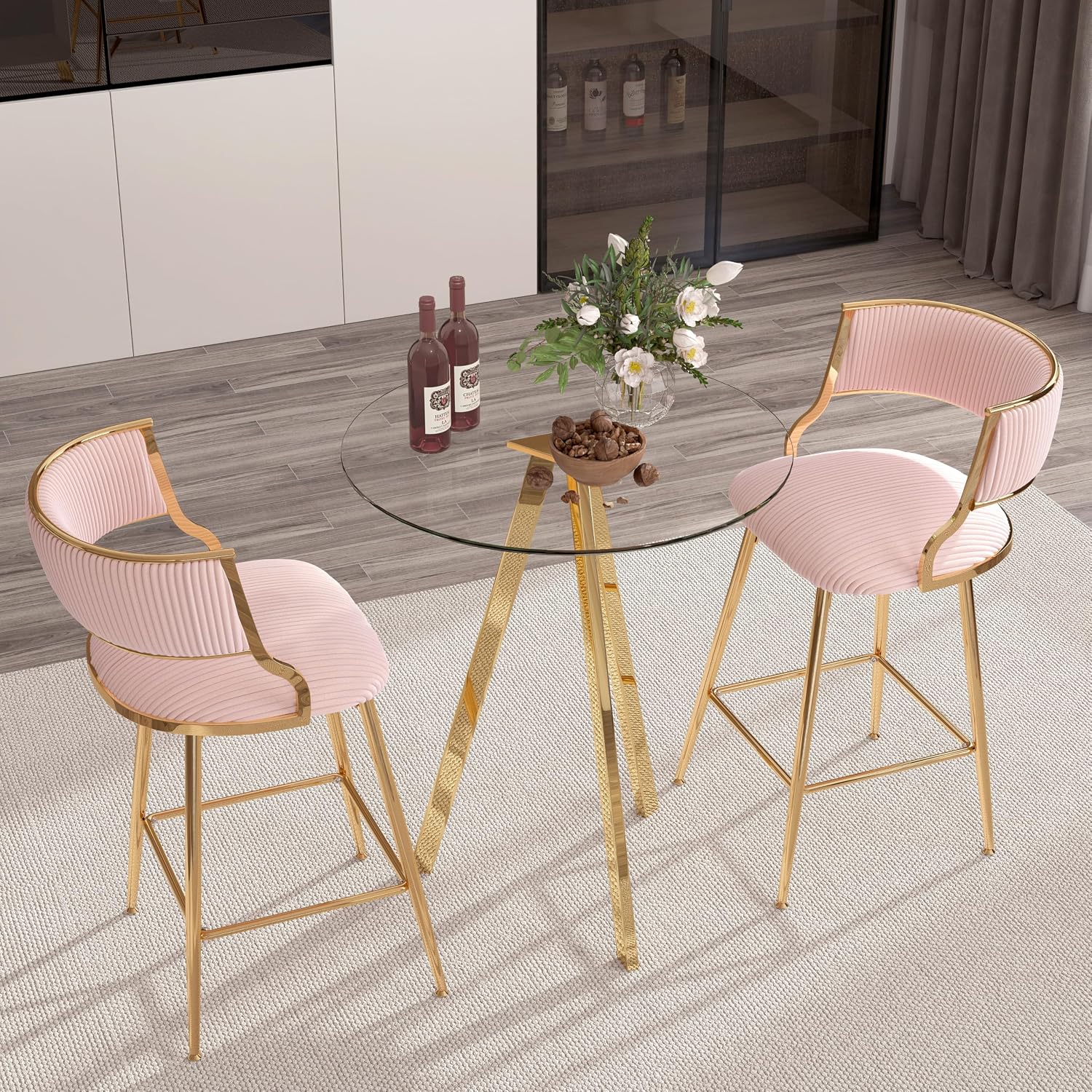 2 Pack Round Bar Table, 37.4" High Pub Table, 31" Small Cocktail Tables with Metal Base & Glass Top, for Small Spaces, Bistro Pub, Cafe(Gold)