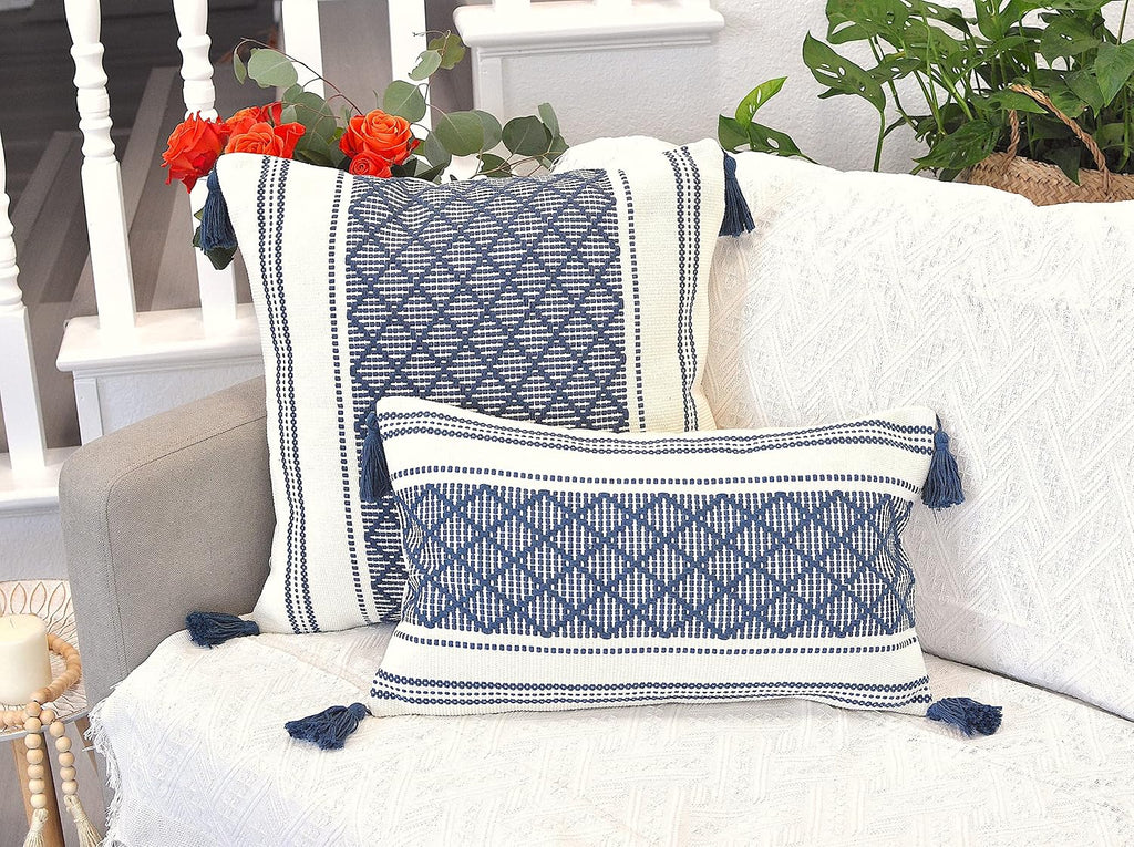 Decorative Boho Lumbar Pillow Covers with Tassels Navy Blue Off White, 12x20 inch -Set of 2 / Small Rectangle Cushion Covers for Couch Sofa/ Farmhouse Woven Pillow Cases/ Accent Chair Pillow Covers