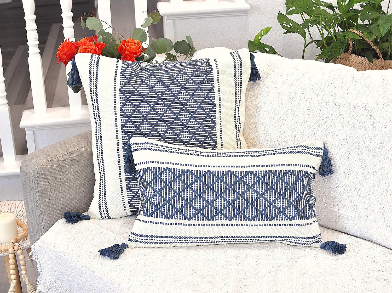 Decorative Boho Lumbar Pillow Covers with Tassels Navy Blue Off White, 12x20 inch -Set of 2 / Small Rectangle Cushion Covers for Couch Sofa/ Farmhouse Woven Pillow Cases/ Accent Chair Pillow Covers