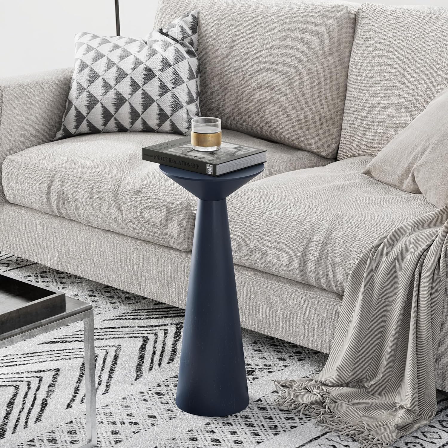 COZAYH Farmhouse Tall Pedestal End Table Small Solid Wood Martini Table Plant Stand Modern Round Drink Table for Small Space Living Room, Dark Blue