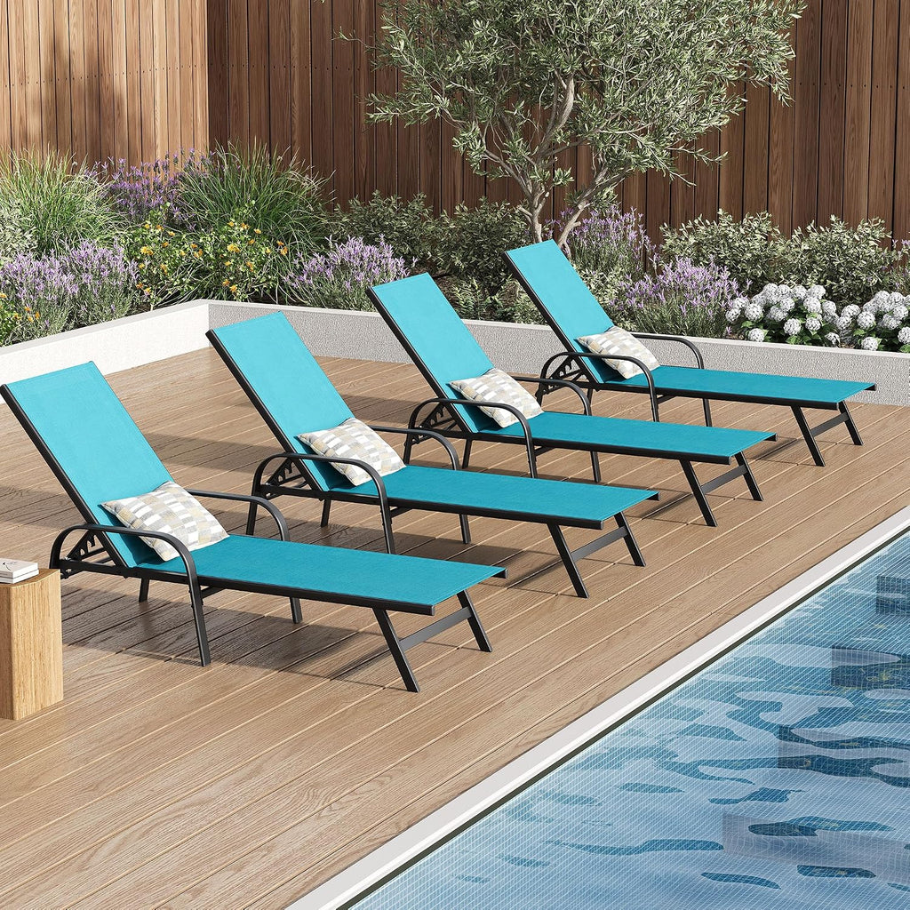 Garvee Outdoor Lounge Chair, Adjustable Patio Reclining Chaise with Textilene Fabric, Pool Lounge Chair with 5-Position Backrest for Patio, Garden, Poolside & Balcony,Sky Blue Set of 4