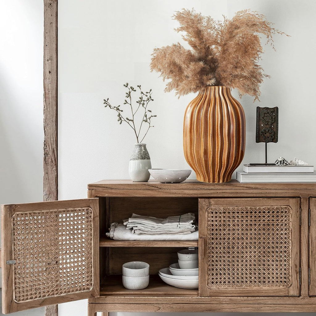 BlossoME 11" Large Ceramic Vases Brown for Farmhouse Entryway Decorative Pottery Living Room Kitchen Decoration Fall Flower Vase for Pampas Grass Fireplace Mantel Console Table
