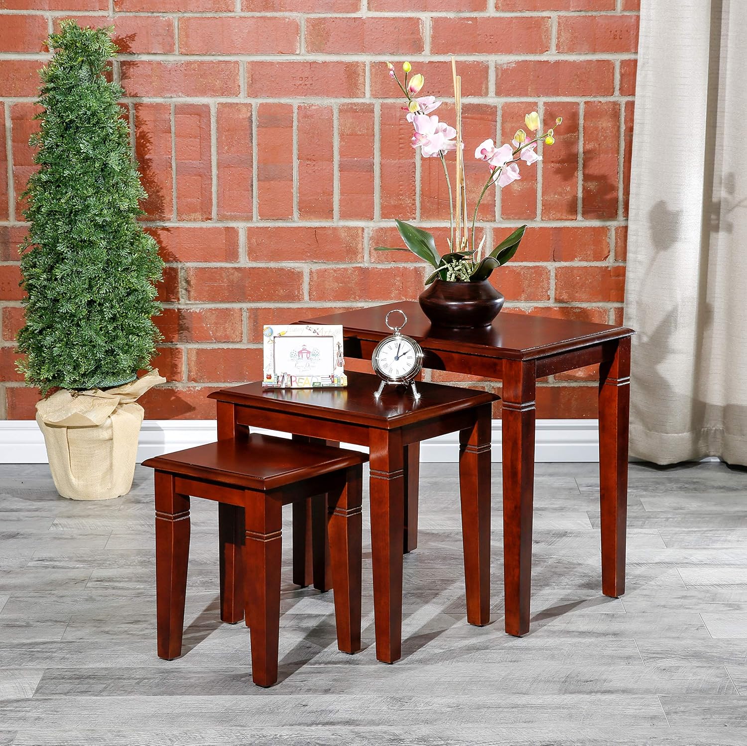DTY Indoor Living 3-Piece Nesting Tables - Wooden Table Set of 3 for Living Room - Stackable Tables with Sleek Cherry Finish for Stylish and Space-Saving Home Furniture